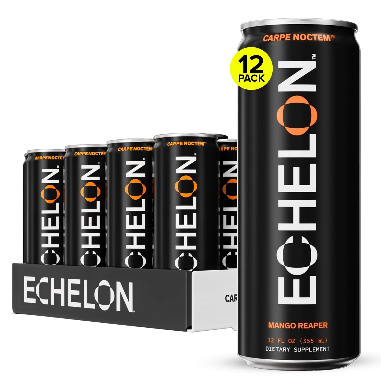 Echelon Pre-Workout Energy Drink - 12-Pack Mango Reaper - Peak Performance Sustained Energy Focus and Endurance Dietary dietary product - 300mg of Caffeine Beta-Alanine L-Theanine & Fiber - Vegan