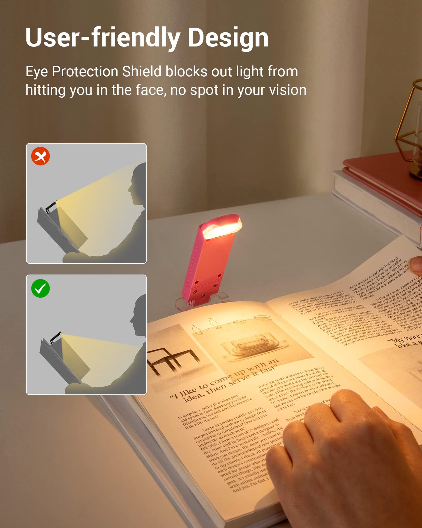 DEWENWILS LED Book Light, USB Rechargeable, Warm White, Brightness Adjustable, Clip-On, Pink