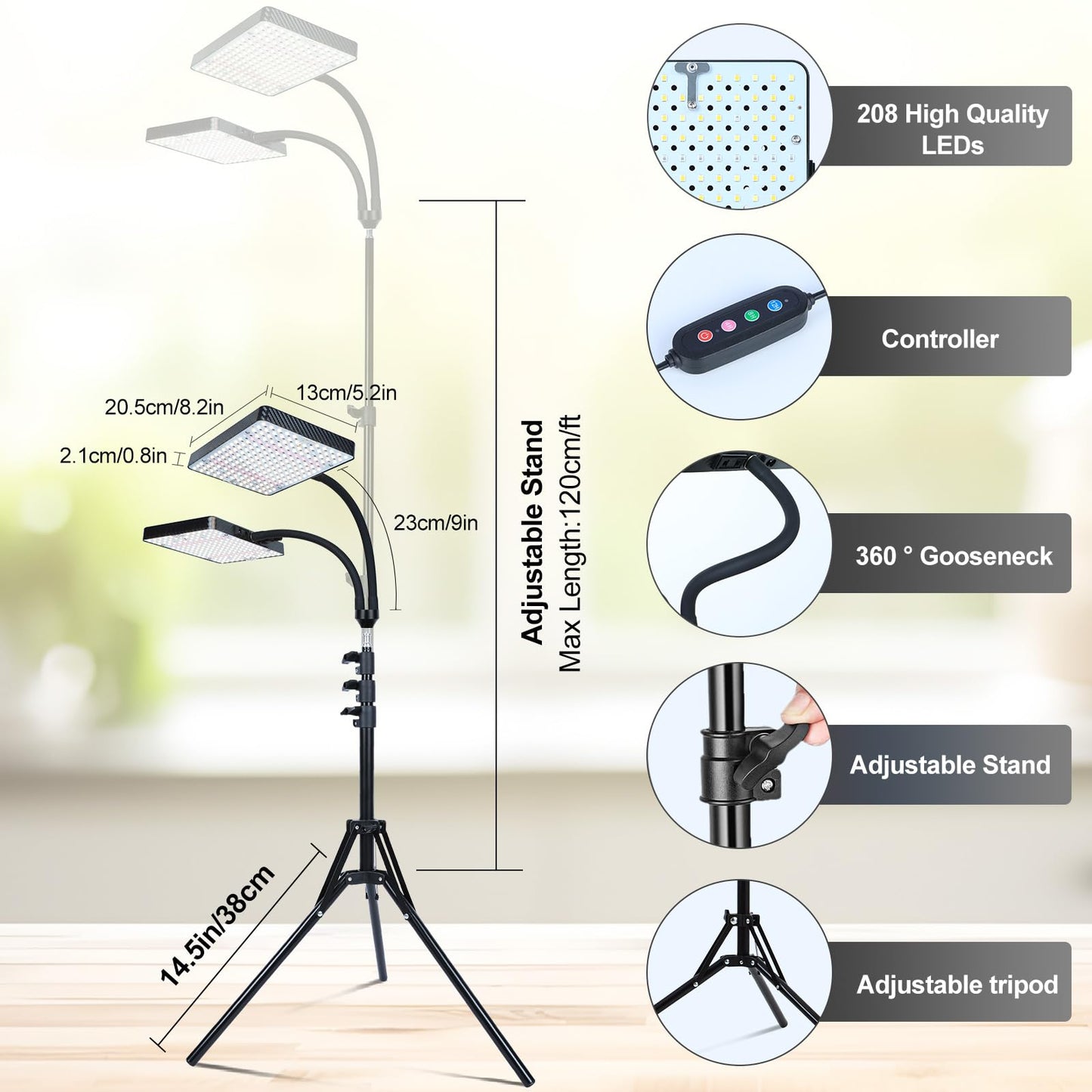 Orchbloom Grow Light with Stand, 50W Full Spectrum Plant Lamp, 2 Head, Black, Model Zinqolay