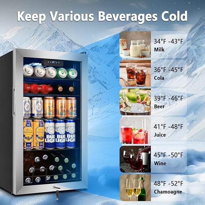 Tylza 130 Cans Beverage Refrigerator Cooler, 3.22 Cu.Ft Beverage Cooler with Low-E Glass Door, Safety Lock, Beverage Fridge for Soda, Beer, Wine, Mini Fridge for Home, Office, Bar, Bedroom, Silver
