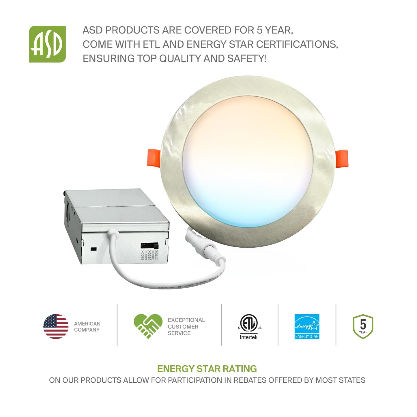 Asd 6 Pack Led Recessed Lighting 6 Inch 12W 5 Cct 2700K-5000K Cri90+ Ic Rated Ultra Thin Dimmable Ceiling Lights With J Box Canless Wafer Downlight Round Slim Panel Light Energy Star Etl Nickel