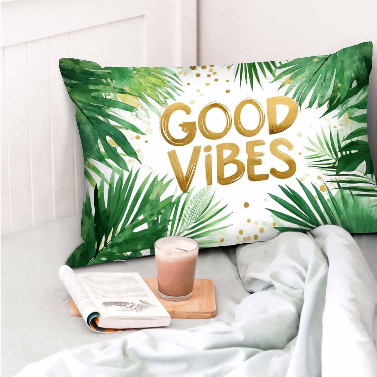 Mugod Rectangle Pillowcase Good Vibes with Green Tropical Palm Leaves,Throw Cushion Covers Rectangle Zipper Decor Sofa Couch Bedroom Living Room Home 20x30 Inches