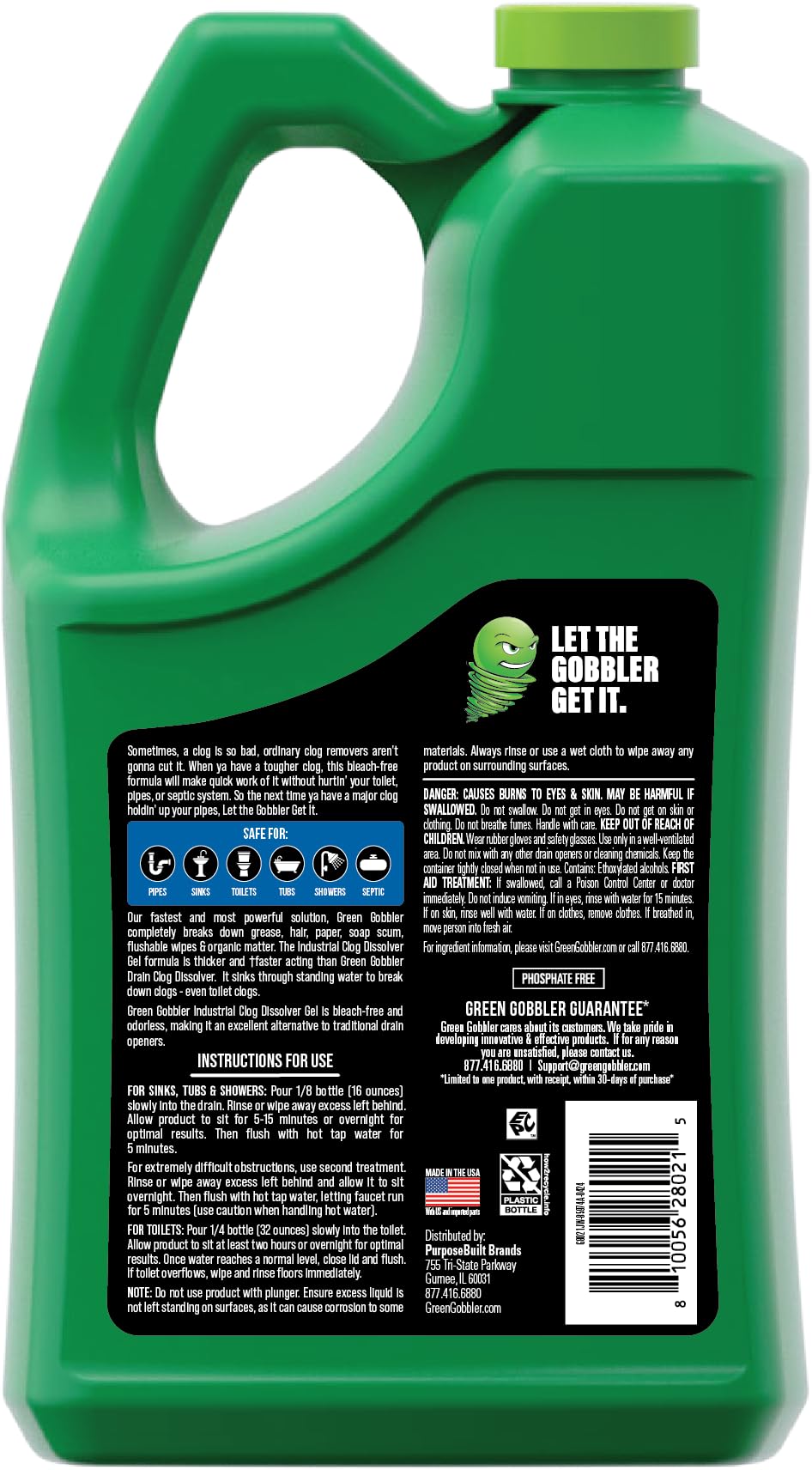 Green Gobbler Industrial Strength Grease and Hair Drain Clog Remover | Drain Cleaner Gel | Safe for Pipes, Toilets, Sinks, Tubs, Drains & Septic Systems | 1 Gallon
