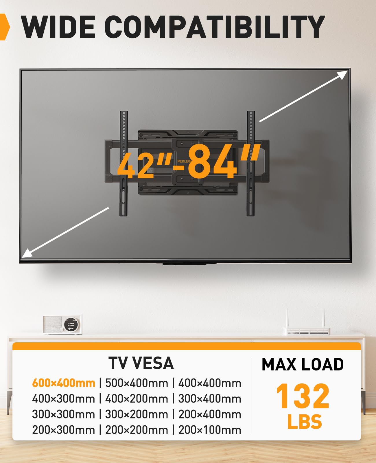 Perlegear Full Motion TV Wall Mount for Most 42–84 inch Flat Curved TVs up to 132 lbs, 12″/16″ Wood Studs, Bracket with Articulating Arms, Swivel, Tool-Free Tilt, Max VESA 600x400mm PGLF12
