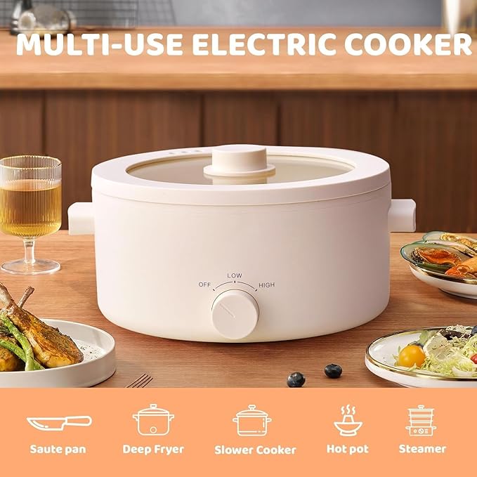 Electric Hot Pot, 3L Portable Electric Pot with Ceramic Non-stick Coating, Dual Power Multi-functional Romen Cooker for Steak, Pasta, Hot Pot, Ramen, Quick Heating and Overheat Protection