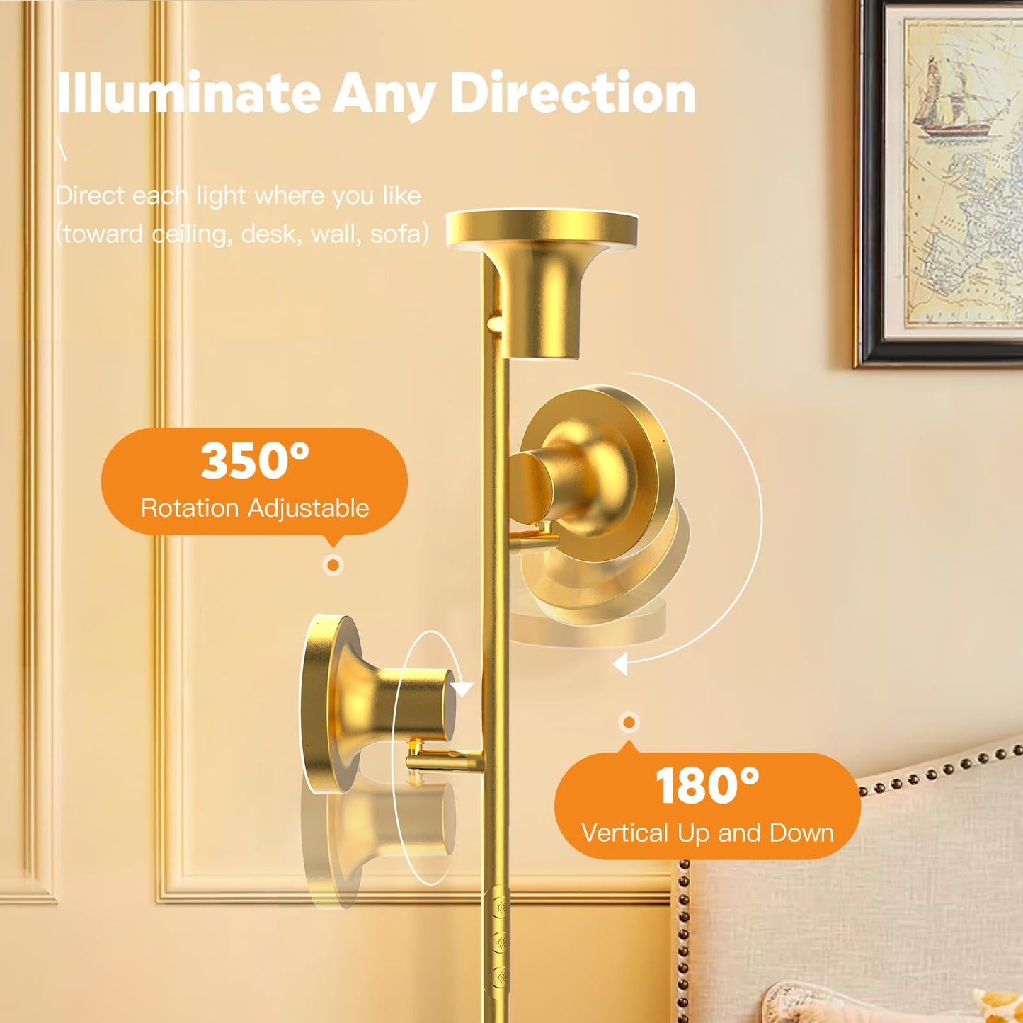 SIBRILLE 36W LED Tree Floor Lamp, Dimmable with Remote & Touch Control, Gold, Model FLH-036-F1