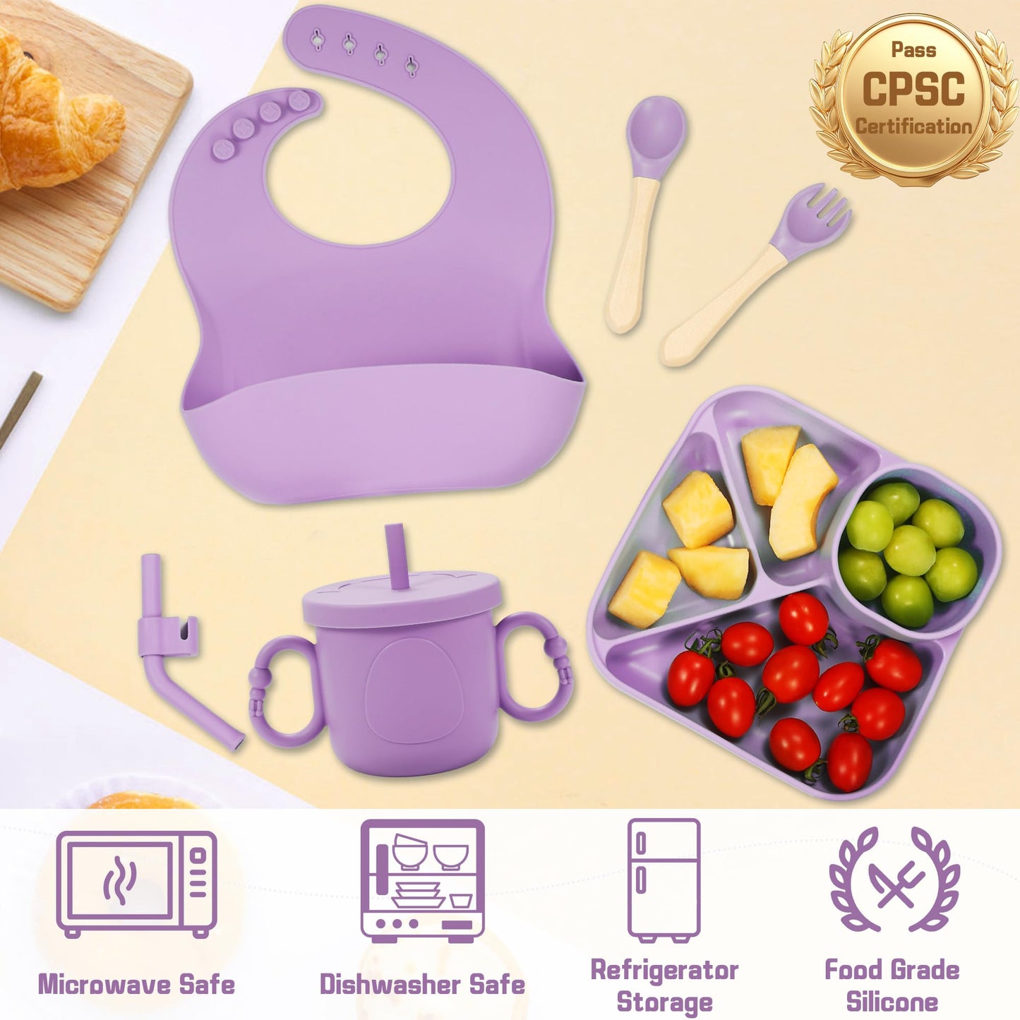 MIICASA Silicone Baby Feeding Set, Baby Led Weaning Supplies, Silicone Suction Plate, Bowl, Spoons, Fork, Waterproof Bib, Cup and Food Tableware, Eating Utensils Baby Feeding Essentials for 3+ Months