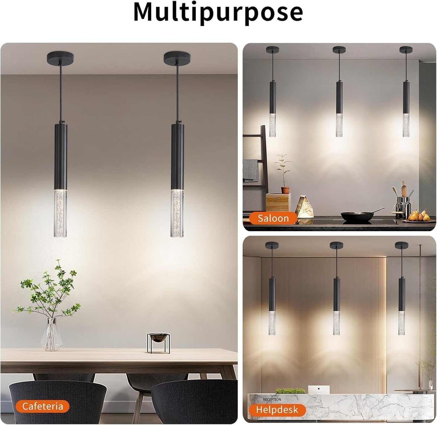 2 Pack Modern Pendant Lights Mini Chandelier Bubble Acrylic Pendant Lighting For Kitchen Island 3 Color 3000K/4500K/6500K Black Led Ceiling Hanging Light For Bathroom Dining Room Bedroom
