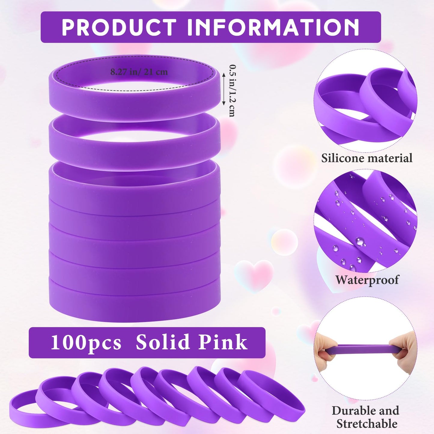 Liliful 100 Pcs Silicone Rubber Wristbands Rubber Wristband Bracelet Bands for Silicone Wristbands for Women Men(Purple)