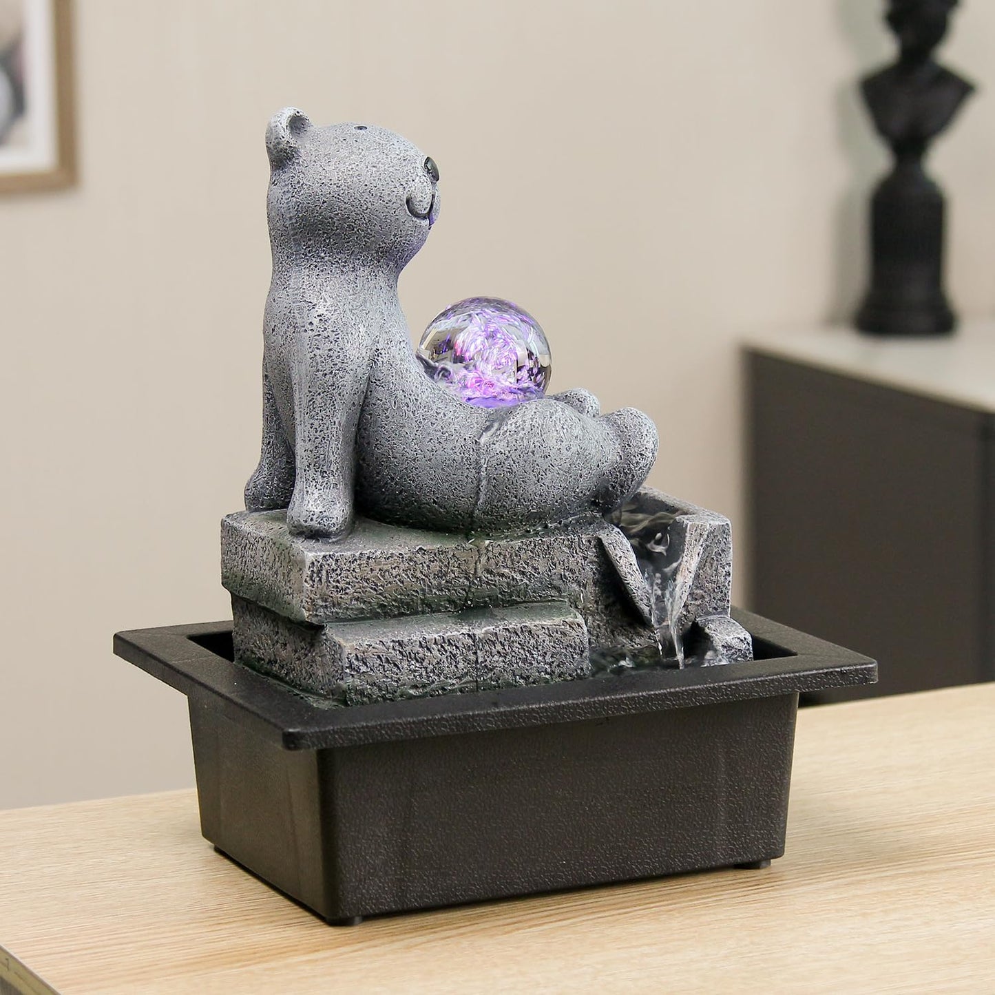 Cascading Rock Tabletop Fountain, Cute Bear Indoor Waterfall Fountain with Colored LED Lights and Rolling Ball, 3 Tiered Desktop Fountain for Office Home Bedroom