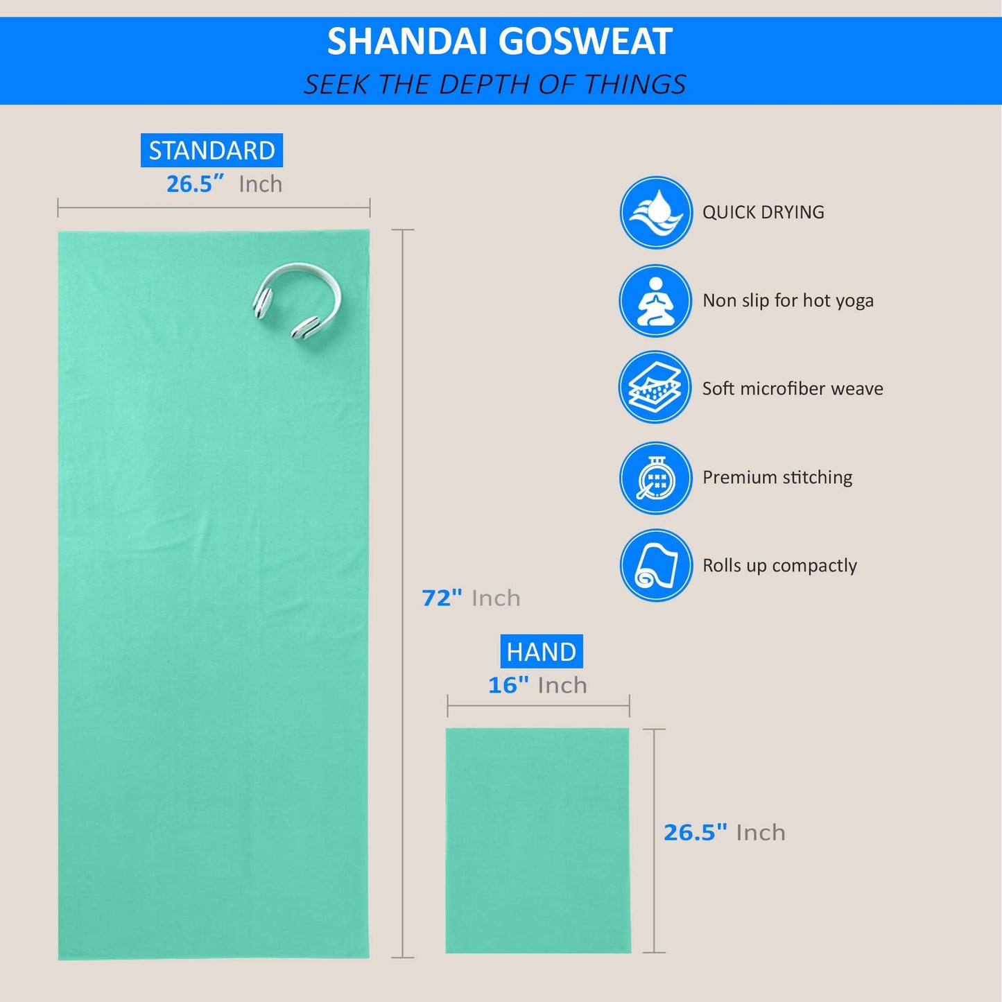 Hot Yoga Towel - SUEDE - 100% Microfiber, Super Absorbent, Bikram Yoga Towel - Exercise, Fitness, Pilates, and Yoga Gear. Teal 26.5" x 72"