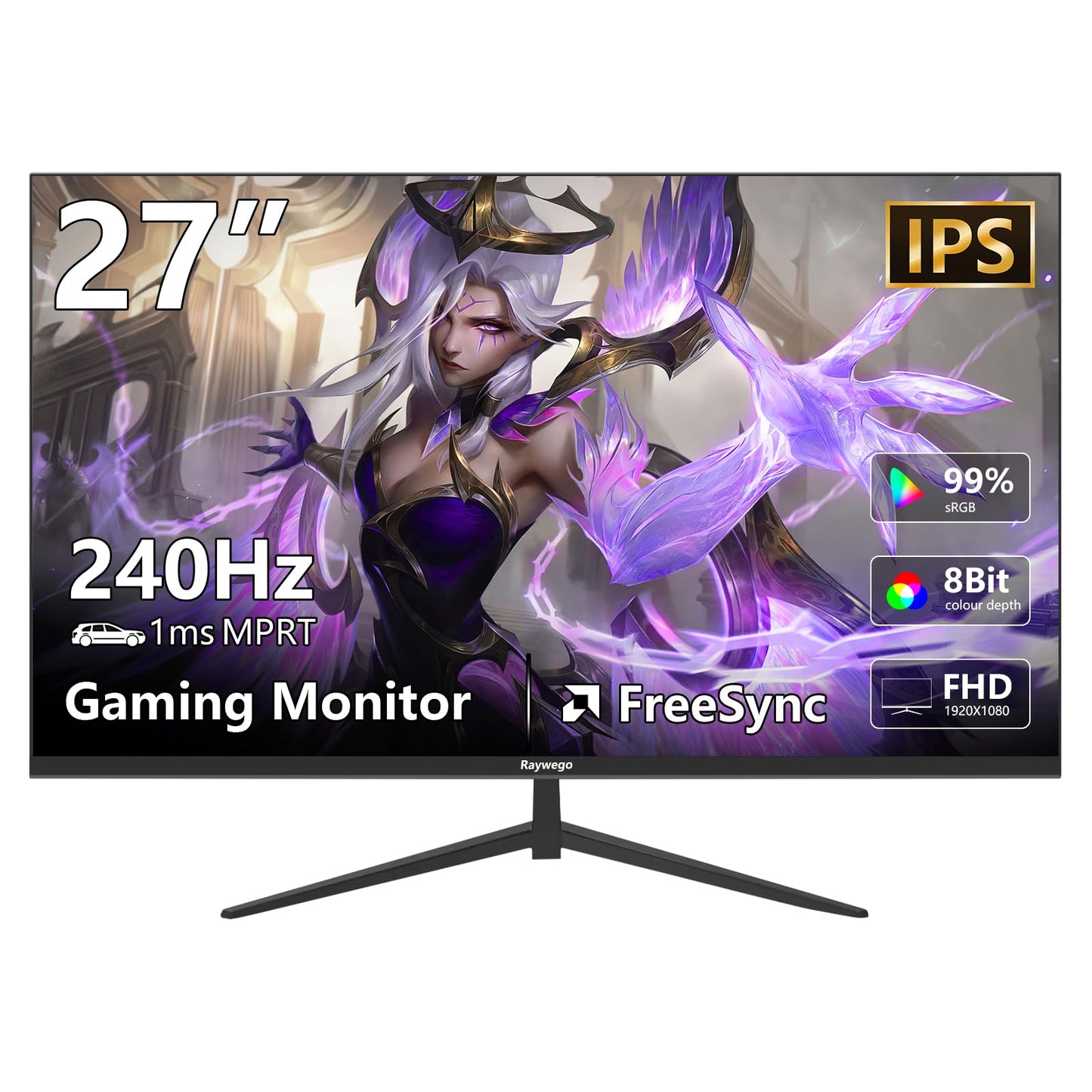 Raywego 27inch Gaming Computer Monitor IPS 240Hz FHD(1920 1080P), 99% sRGB,1ms Response Time, 400cd/m,AMD Freesync, Crosshair &