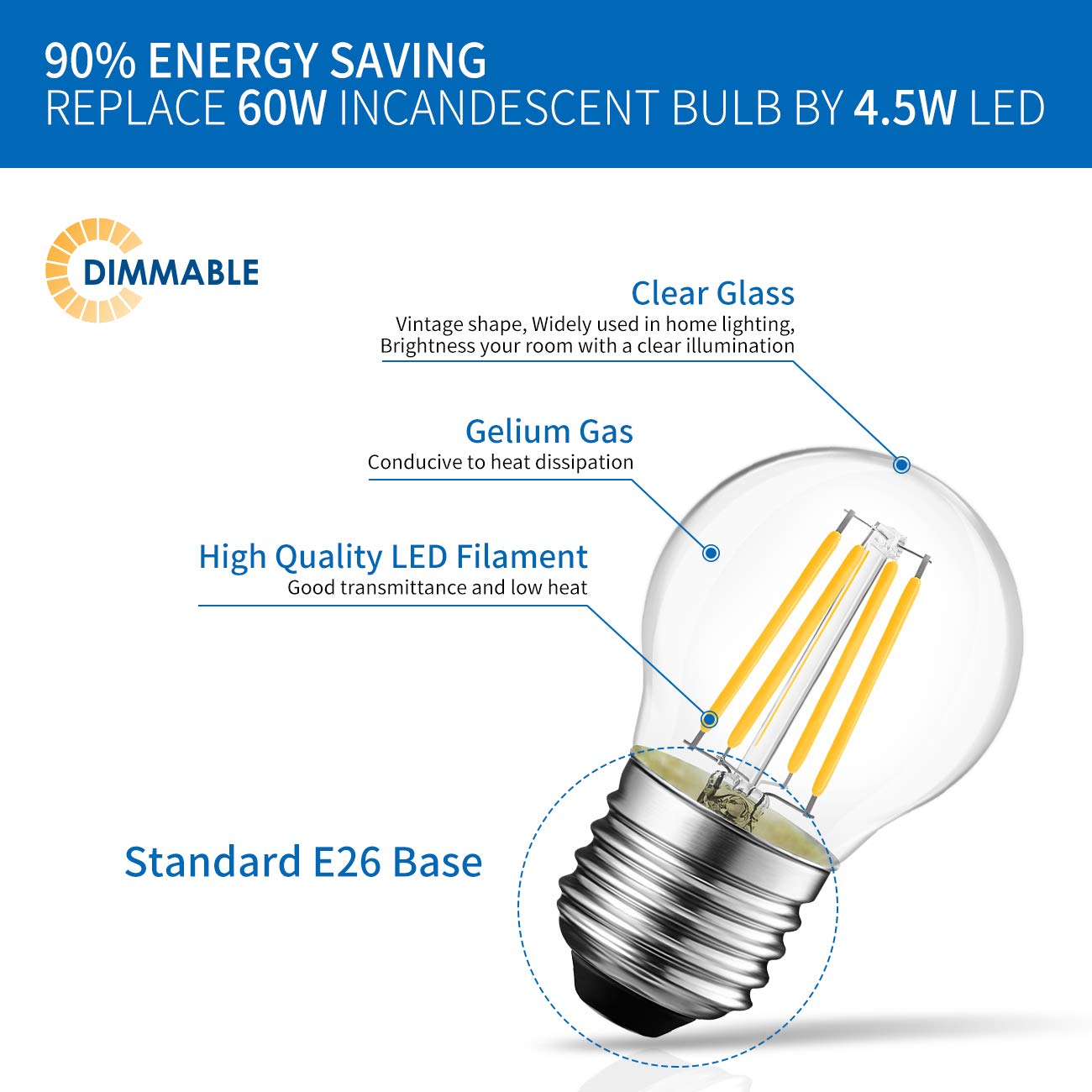 ANWIO G14 LED Filament Globe Bulb Dimmable 2700K Warm White E26, 4.5W (60W Equivalent), 6 Count