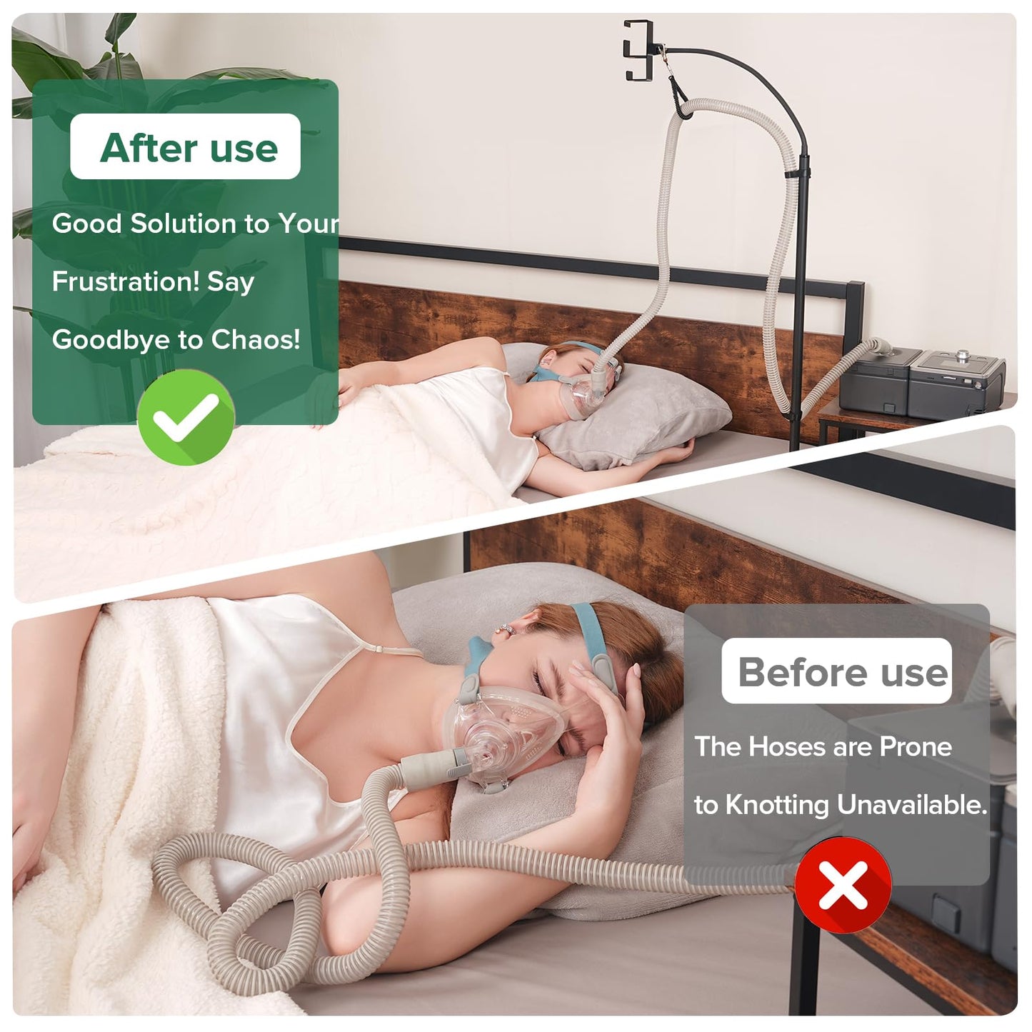 EonRivet CPAP Hose Holder for Bedside -All-Metal Stand with Aluminum Hook |NoWall Drilling | Fits ResMed/Philips/AirSense Tubing | Helps Keep Hose Clean &Tangle-Free