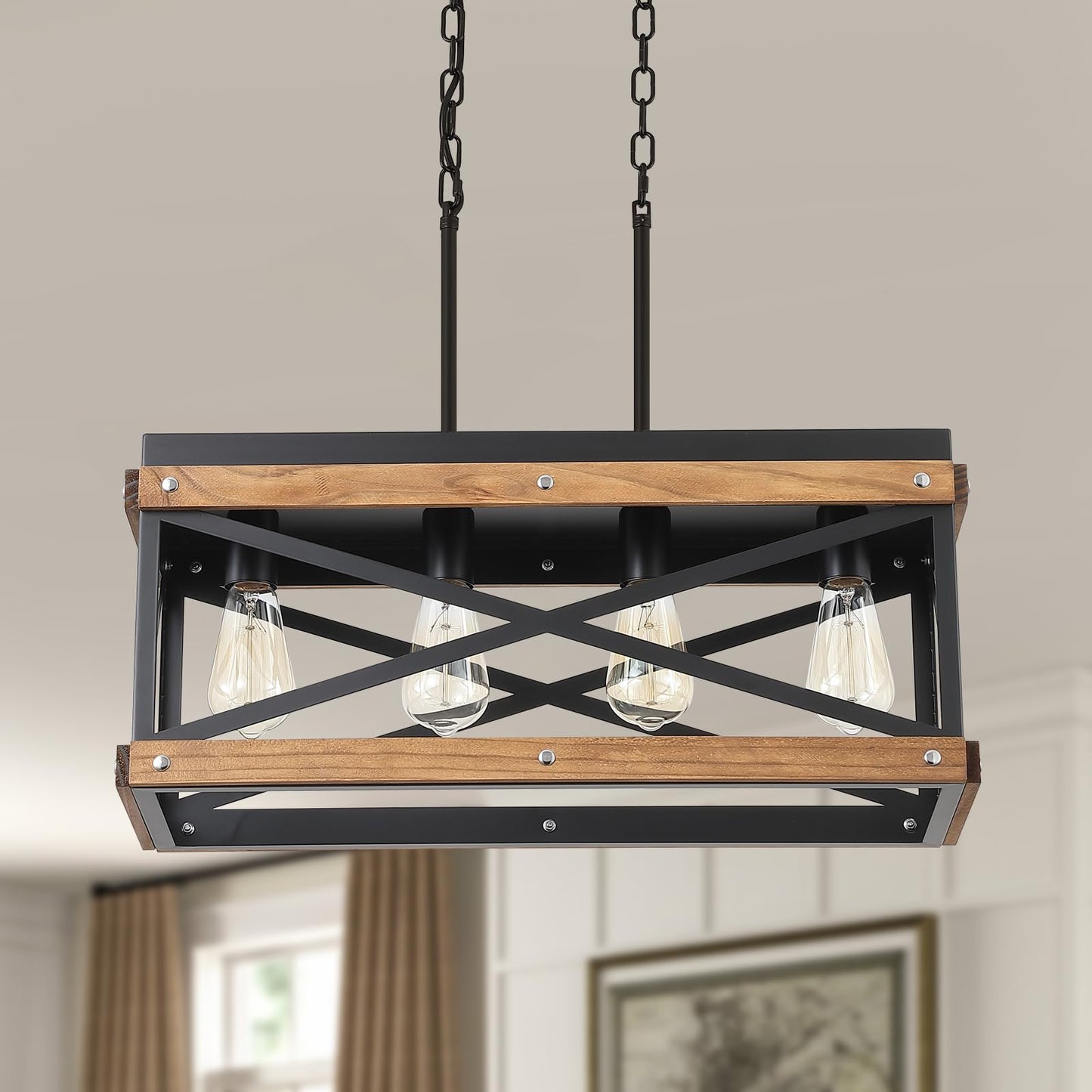 Rustic Farmhouse Wood Kitchen Island Lighting 4 Lights Rectangular Pendant Light Fixture Adjustable Chain Oak Wood And Metal Linear Chandelier For Dining Room Kitchen Island Farmhouse Black