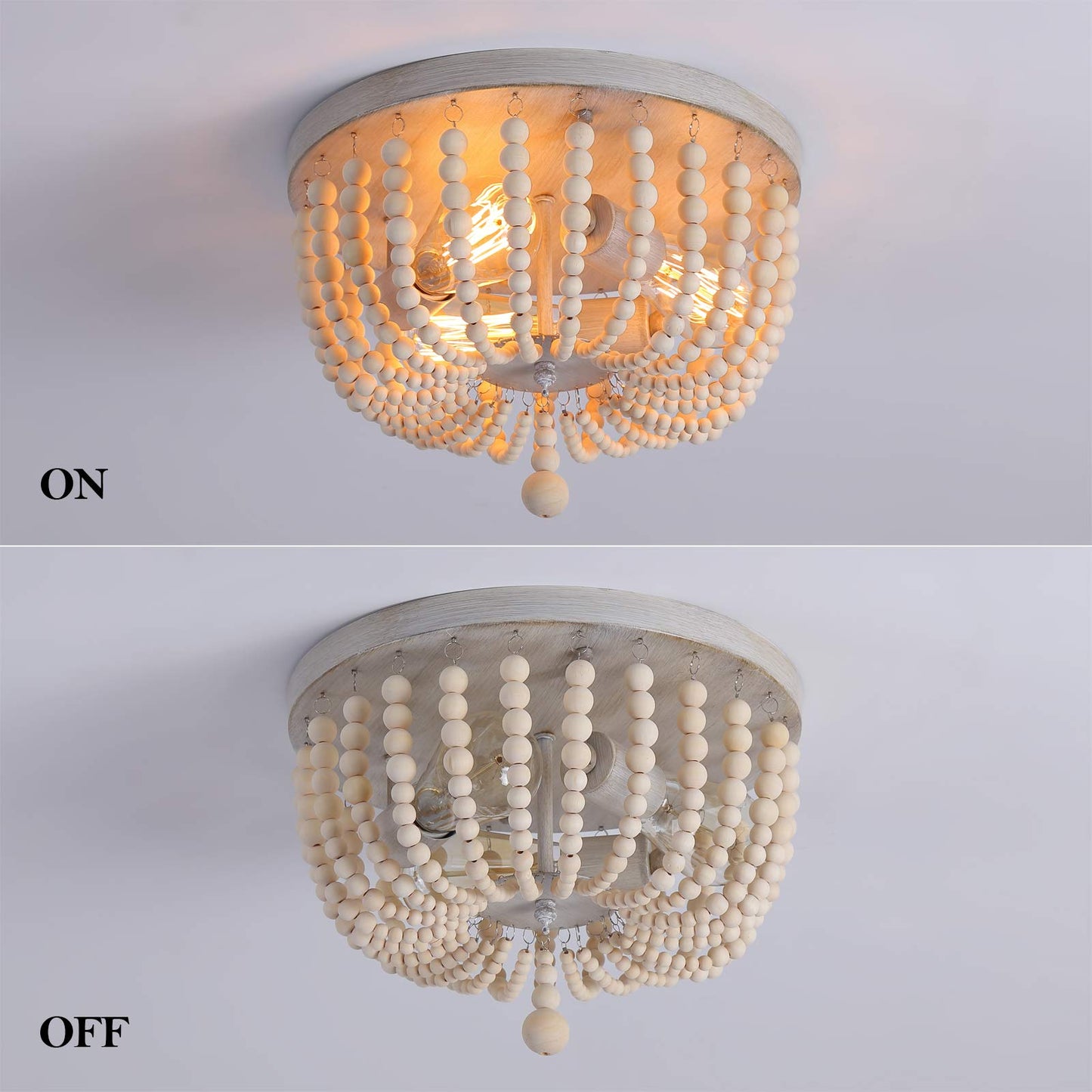 Q&S Wood Beaded Chandelier - Boho Farmhouse Light Fixture, 3 Lights, Oak White, Semi Flush Mount For Hallway, Nursery, Bedroom, Living Room