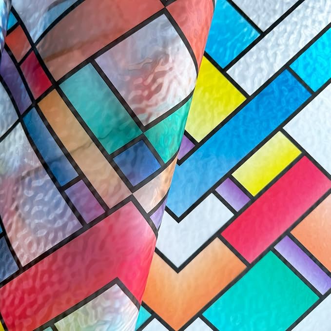 Window Film Privacy Classy Colorful Glazed Tiles Stained Glass Sliding Door Coverings Static Cling Frosted Church Tints Cover Contact Paper Non-Adhesive Heat Control Anti UV Reusble,35x78.7in.