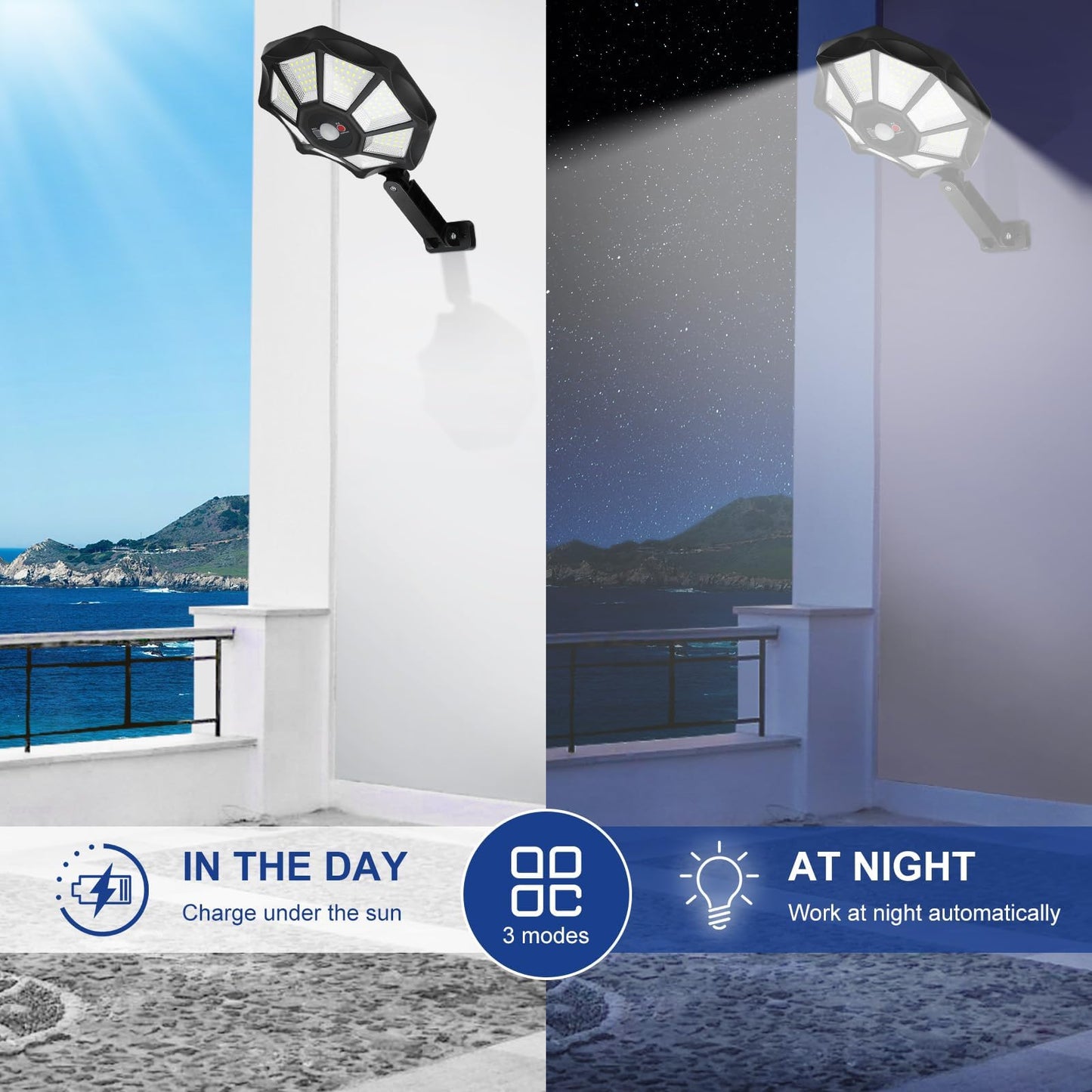 AITERMOND Solar Outdoor Lights 2-Pack, Motion Sensor, 168 LED, Dusk to Dawn, IP66 Waterproof, Remote Control, Black, Model AIT8A2P