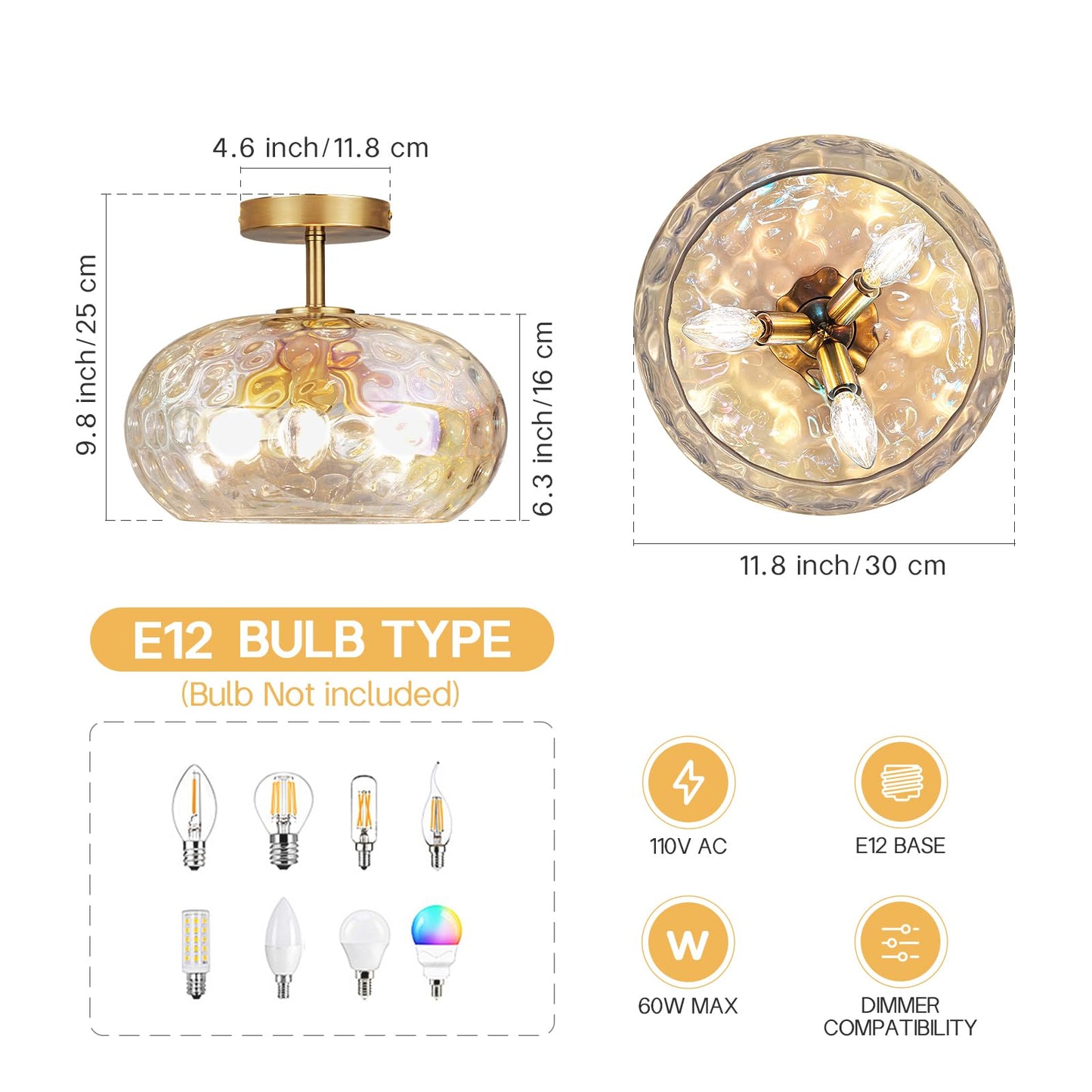 Clarsyne 12 Iridescent Rainbow Hammered Glass Ceiling Light 3-Light Semi Flush Mount Fixture Modern Gold Lighting For Bedroom Hallway Kitchen Dining Room Living Room Foyer