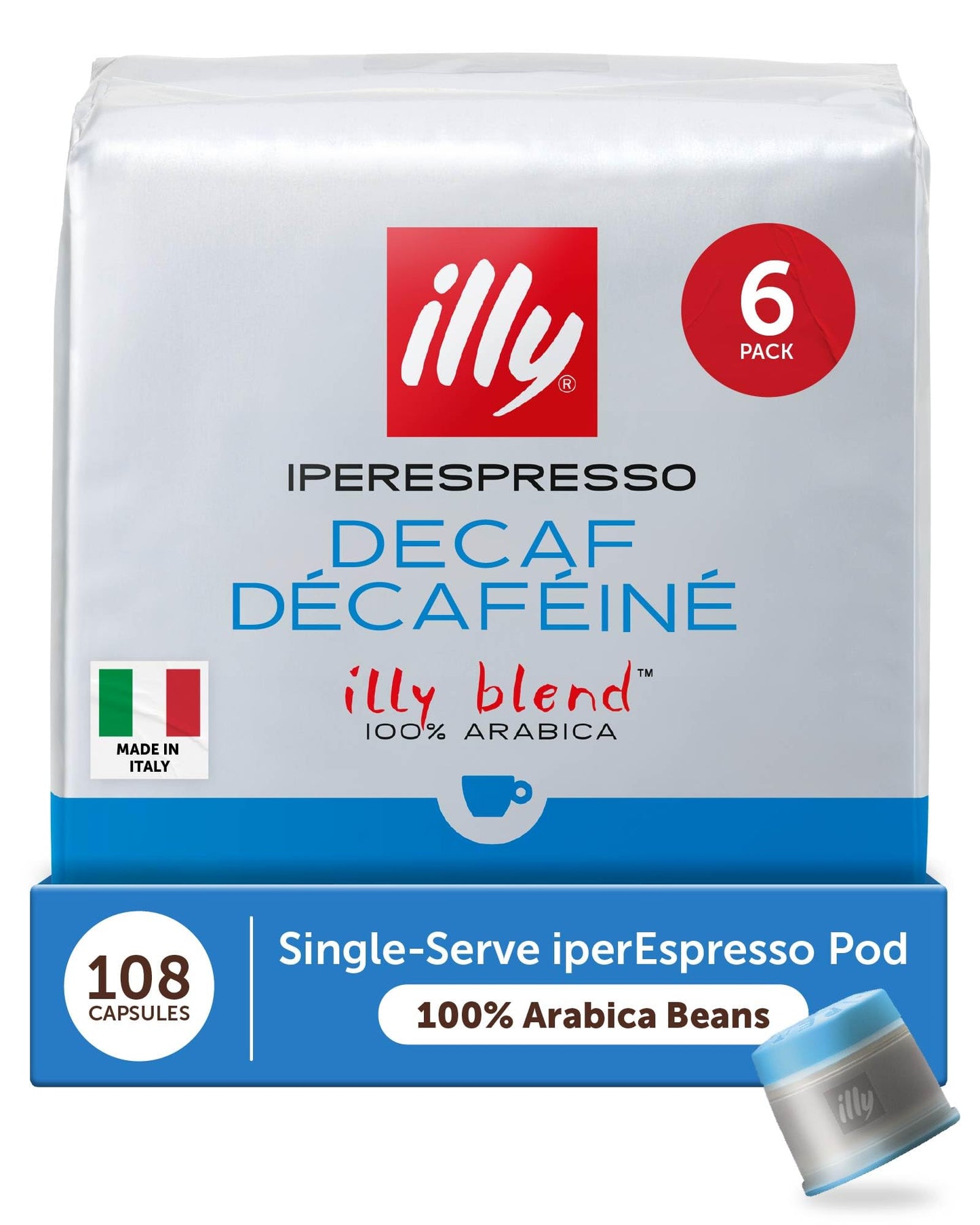 Illy Decaf Coffee IperEspresso Capsules - Single-Serve Coffee Pods - Decaffeinated Classico Medium Roast - Notes of Caramel Chocolate and Toasted Bread - 100% Arabica - 18 Count (Pack of 6)