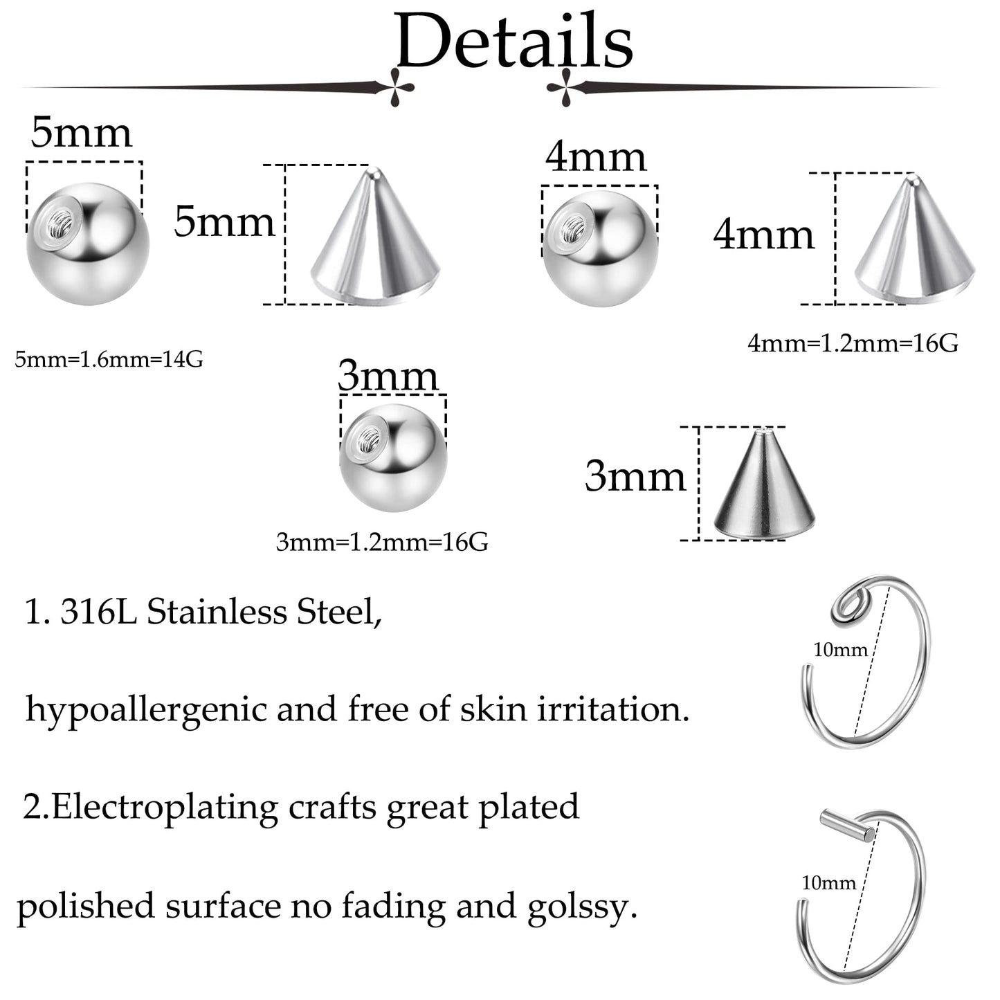 TEN MIRO Fake Eyebrow Ring Fake Lip Labret Studs Replacement Balls Spike with 100Pcs Sticker Non-Piercing Nose Rings Hoop Body Jewelry Skin 3MM 4MM 5MM(Silver)
