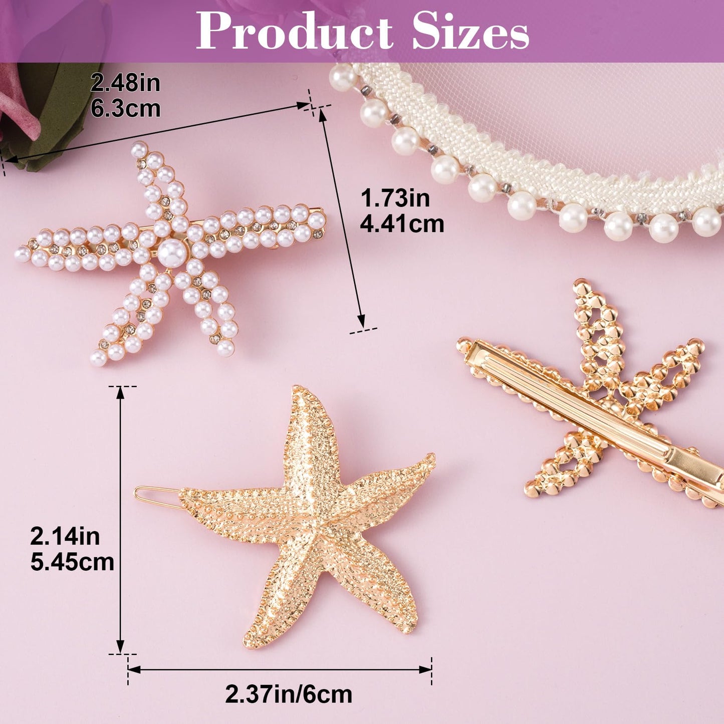 PAGOW 3 PCS Starfish Hair Clips, 3 Styles Gold Rhinestone Hair Clips, Faux Pearl Crystal Sea Star Wedding Headpiece Hair Accesso