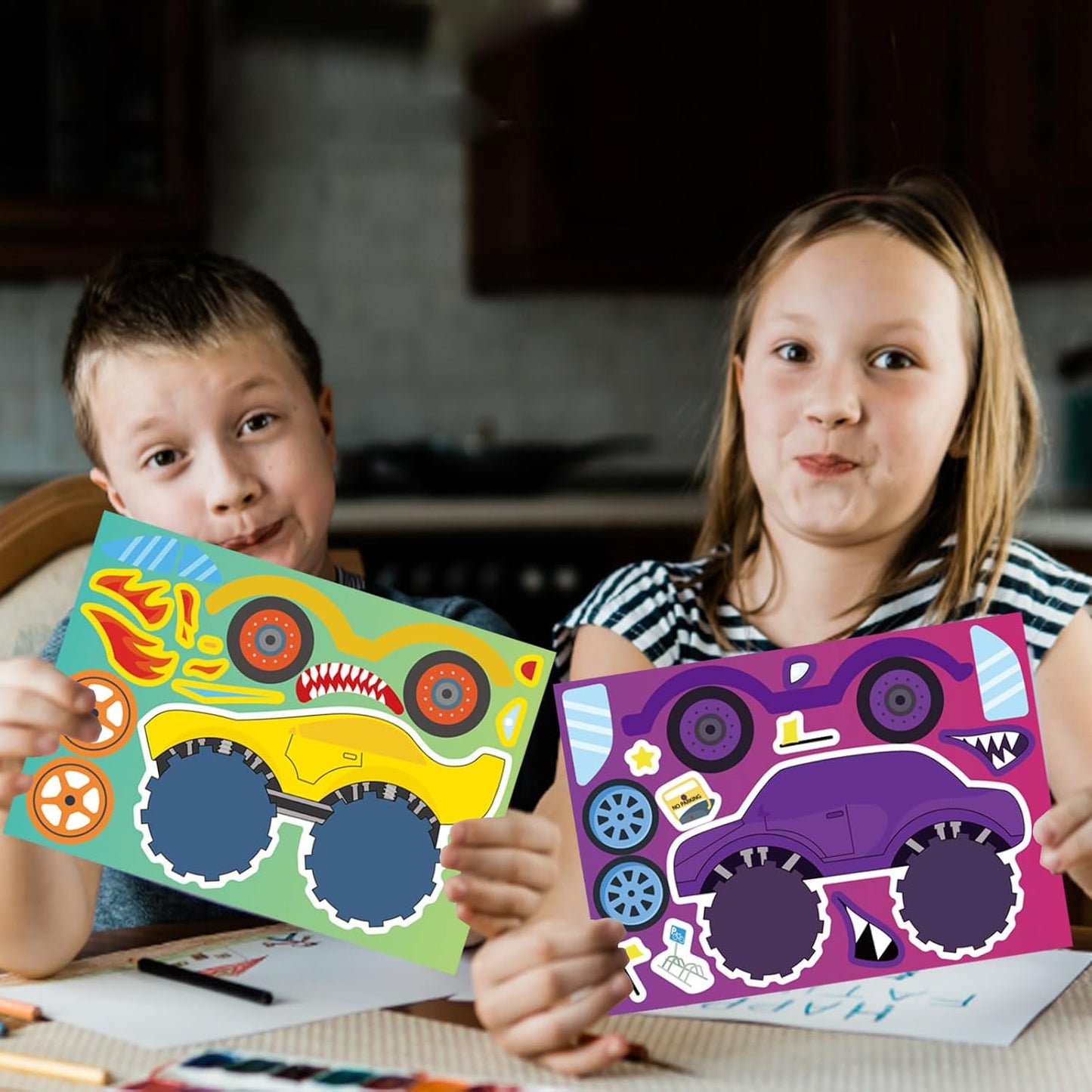 32PCS Monster Truck Stickers, Make Your Own Stickers, Monster Truck Themed Birthday Party Favor, Cartoon Car Make-a-face Sticker Teacher Classroom Rewards Activities for Girls Boys