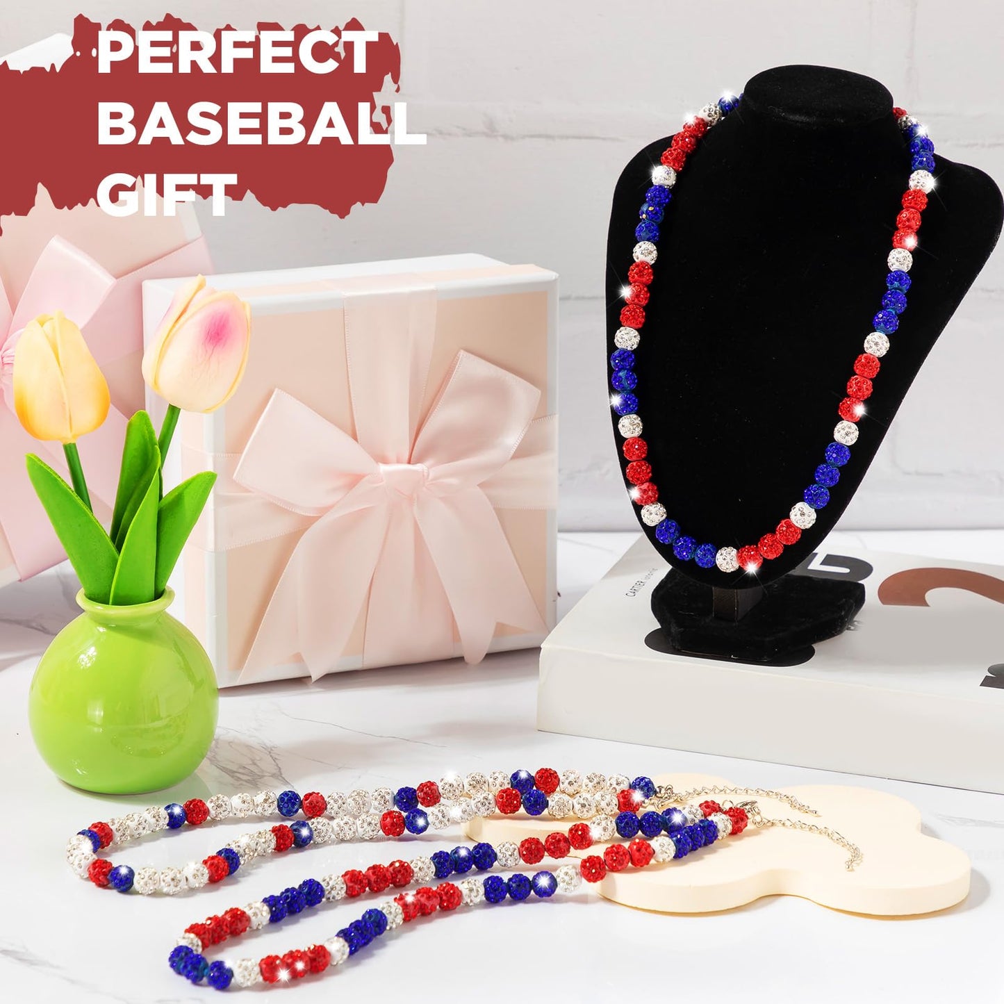 Landical 12 Pcs Bling Baseball Necklace Ice Beaded Baseball Necklace Cool Gifts Bulk for Team Players Lovers Fans(White, Red and