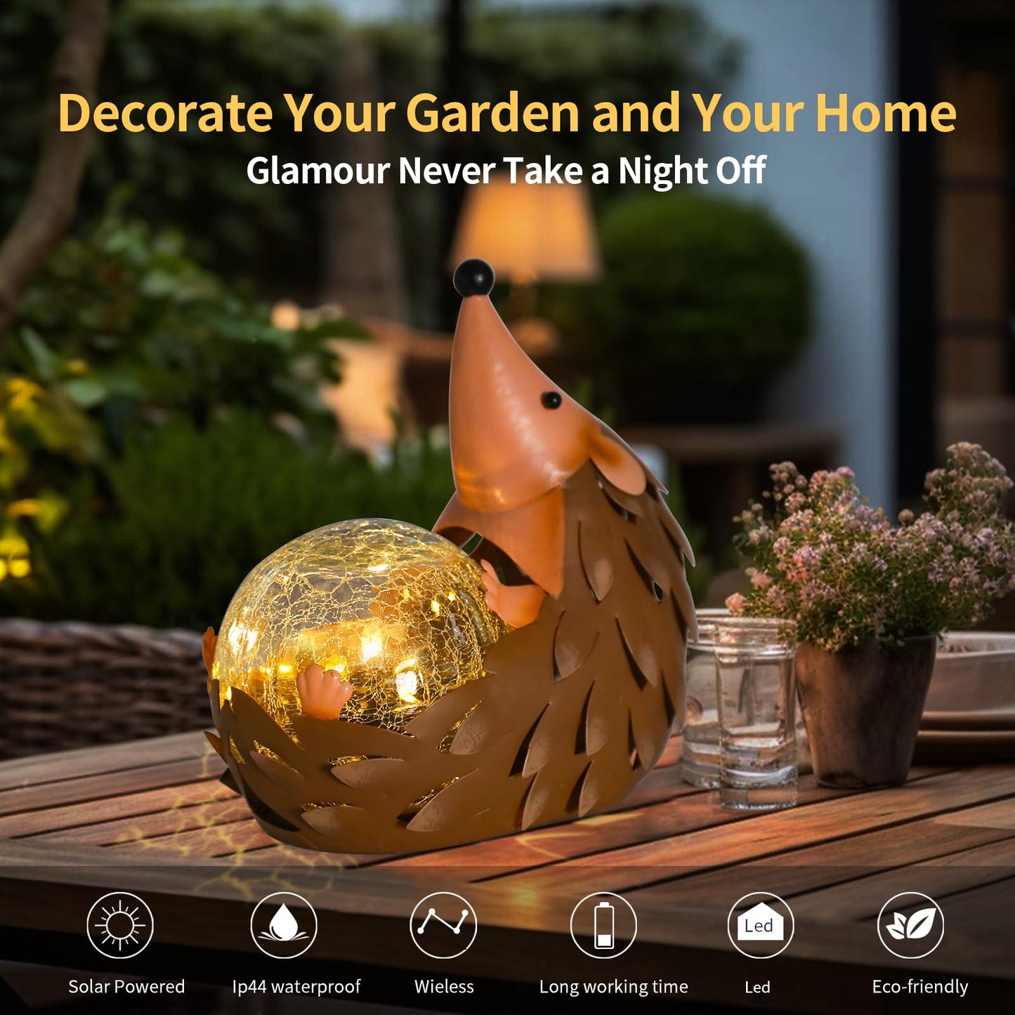 MUMTOP Solar Lantern - Waterproof Hedgehog Outdoor Light, Metal Garden Decor, Brown, Model 4822111