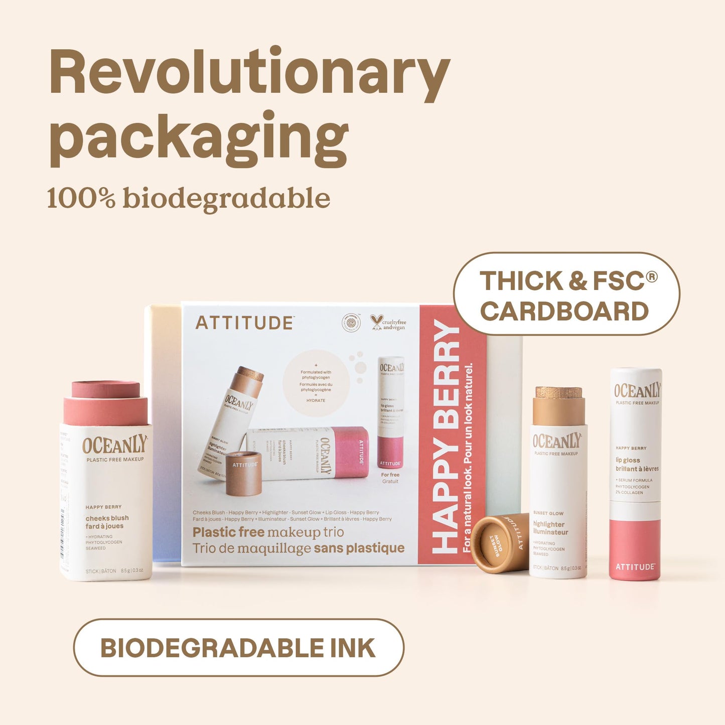ATTITUDE Happy Berry Makeup Trio Set, EWG Verified, Titanium Dioxide-Free, Plastic-free, Plant and Mineral-Based Ingredients, Ve