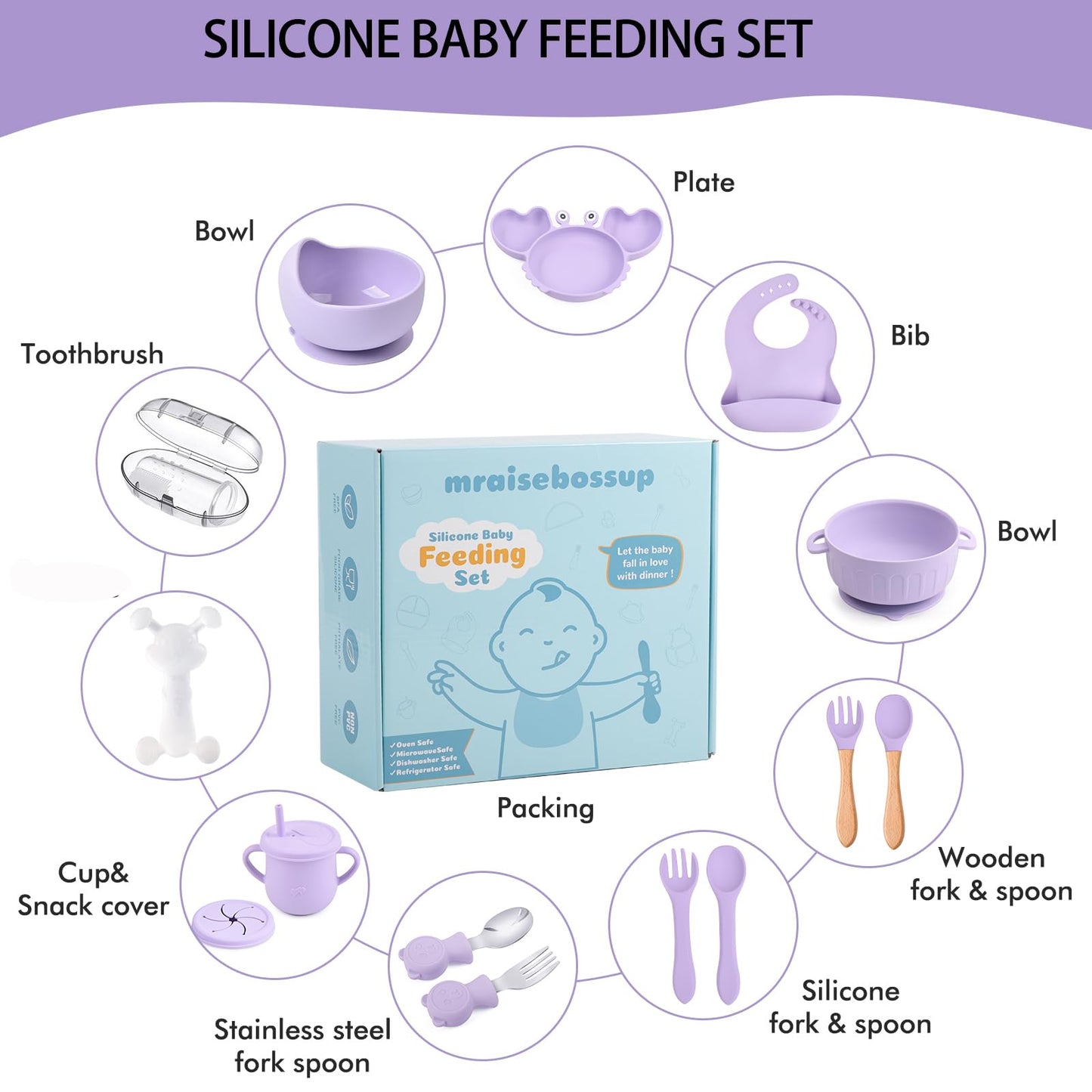 Silicone Baby Feeding Set 15 Pcs,Baby Spoons Suction Bowl Divided Plate Bib Cup Finger Brush Training cups,Baby Led Weaning Supplies,Baby Plates,Toddler Feeding Plates and Bowls Set(purple)