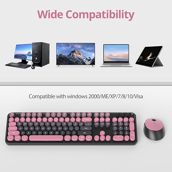 Wireless Keyboard and Mouse Set, Retro Typewriter, 2.4GHz Full Size 104-Key Cute Keyboard with Number Pad, Colorful with Round Keycaps for Windows PC Laptop(Berry Powder)