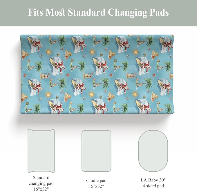 Christmas Surfing Santa Beach Baby Changing Pad Covers for Boy Girl Summer Santa Surfboard Palm Tree Gifts Fitted Changing Table Mats Winter Holiday Festive Soft Diaper Change Table Sheets 32''×16''