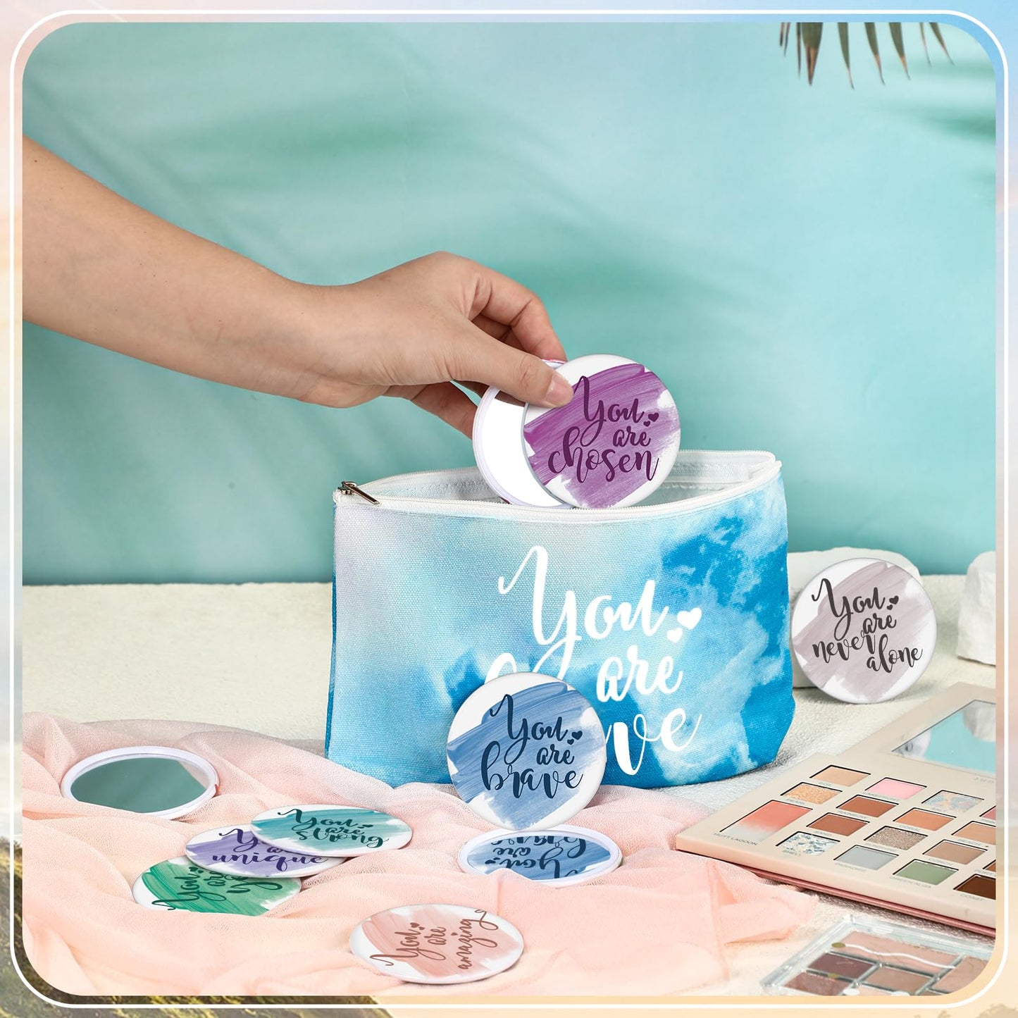 Vercraft 60 Pcs Employee Appreciation Gifts Inspirational Canvas Makeup Bags Compact Mirrors Bulk Cosmetic Bags Round Portable M