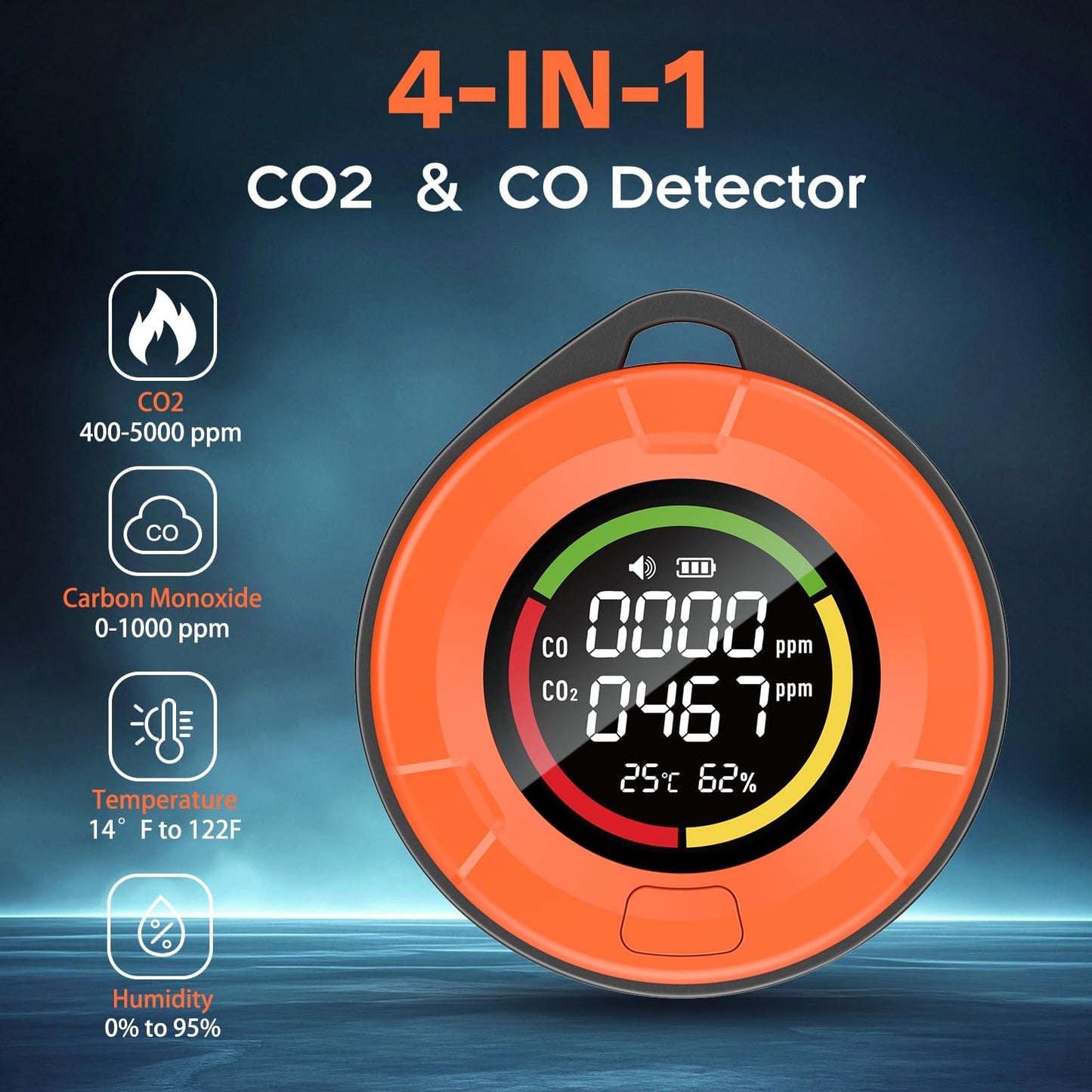 Portable Carbon Monoxide Detector for Travel:4-in-1 CO2 Monitor for Home - 1000mAh Battery Mini CO Carbon Dioxide Alarm with Temperature(°F) & Humidity for RV Hotel Camping- Orange