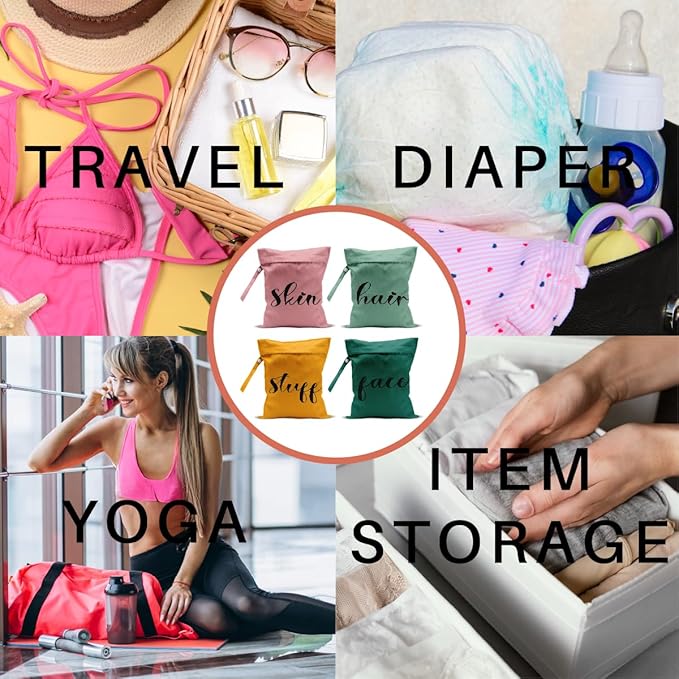 4 Pack Cute Wet Bag Waterproof Reusable Wet Dry Bag for Swimsuit Clothes Cloth Diaper Travel Pool Toiletries for Women Mom Birthday Christmas (Pink Green Yellow Face Stuff Skin Hair Organizer Gift)