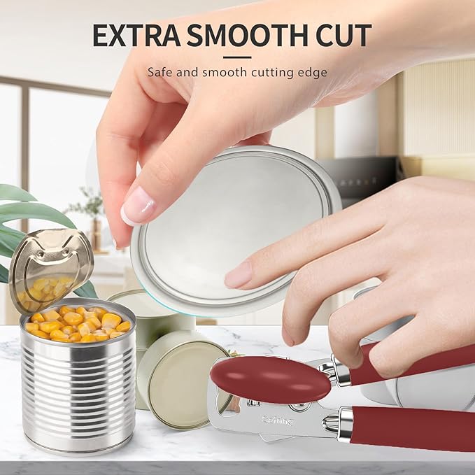 Can Opener Manual, Heavy Duty Stainless Steel Smooth Edge Can Opener With Soft Touch Handle, Oversized Handheld Easy Turn Knob, Multi-Function Bottle Opener, Red