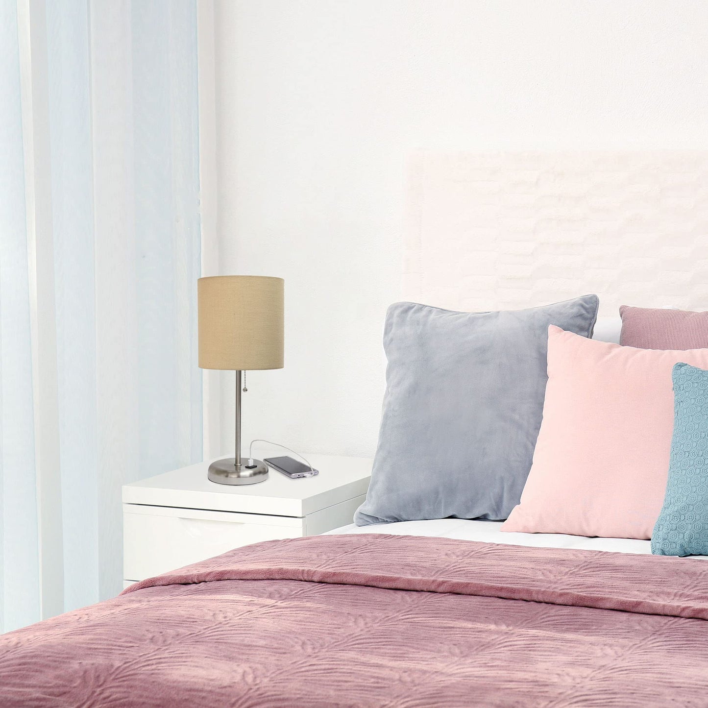 Creekwood Home Metal Table Desk Lamp with USB Port, 19.5in Tan Drum Shade, Brushed Steel, Model 1270-CWT-2012-TN