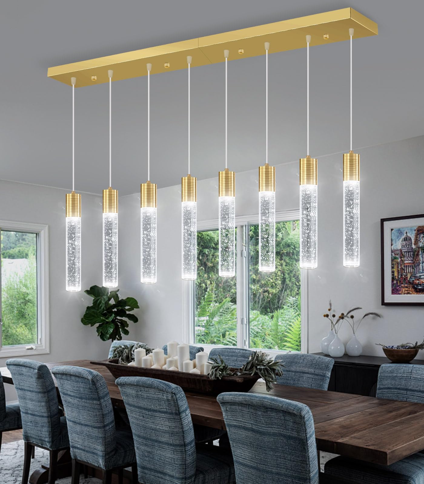 Dolria 8-Lights Modern Crystal Chandeliers For Kitchen Island Pendants Lighting Fixture For Dining Room Led Ceiling Light For Hallway Foyer 6000K Sliver
