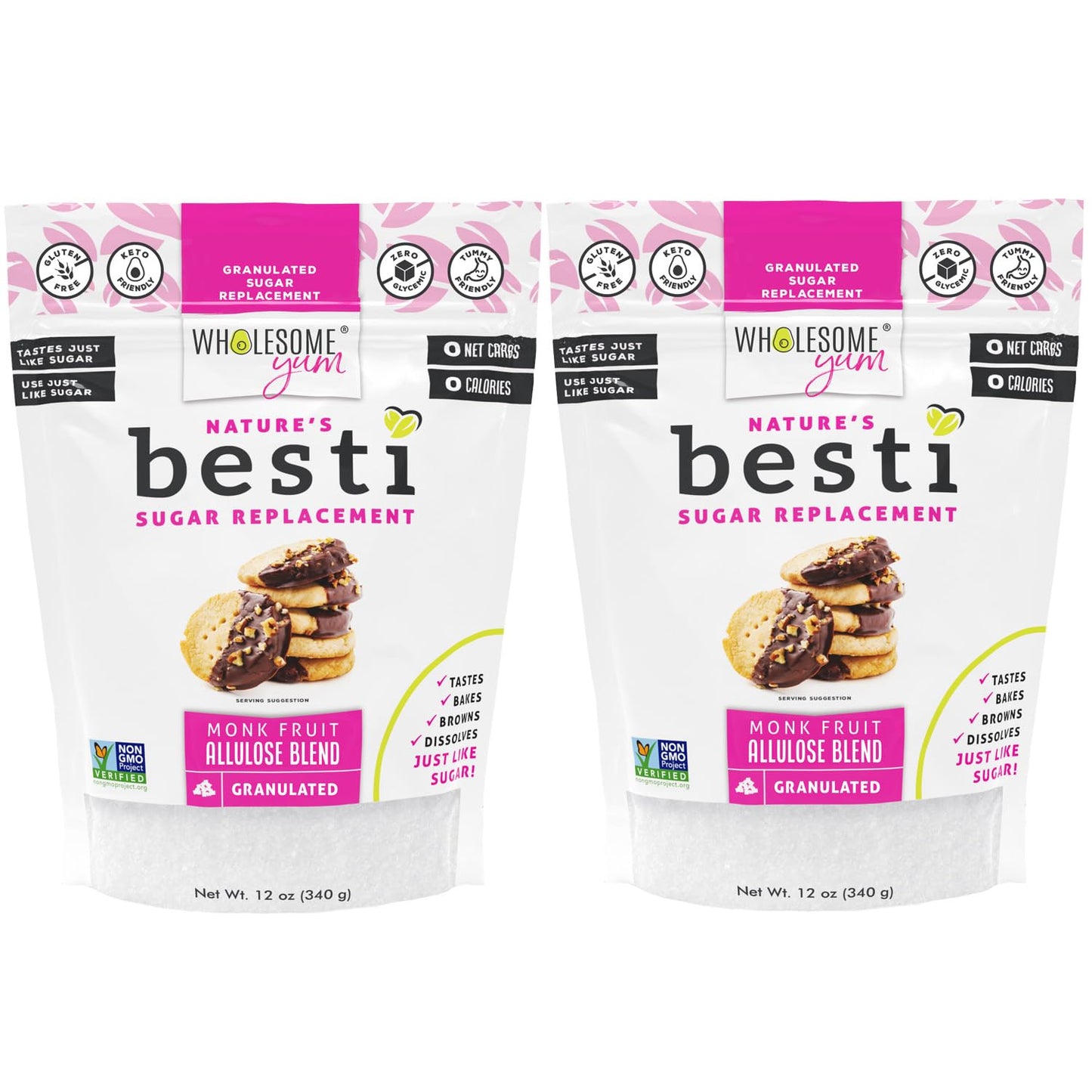 Wholesome Yum Besti Natural Sugar Substitute - Keto Granulated Monk Fruit Sweetener Blend With Allulose (No Erythritol) - Non GMO Zero Calorie Zero Carb Sugar Free No Aftertaste (12 oz 2 Pack)