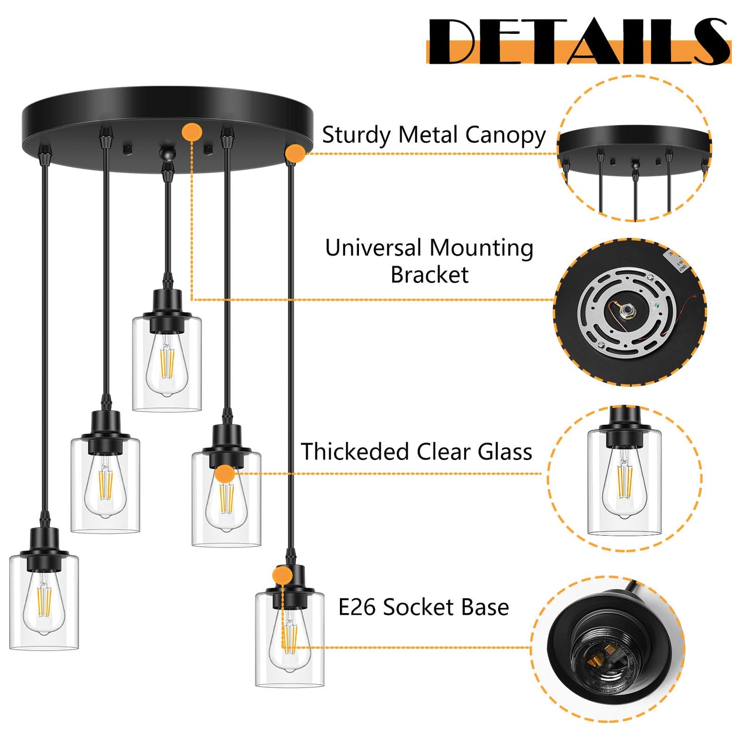 Licperron 5-Light Pendant Light Fixtures With Clear Glass Shades Black Adjustable Kitchen Island Hanging Ceiling Light Fixtures Modern Pendant Lighting E26 Base For Dining Room Hallway Living Room