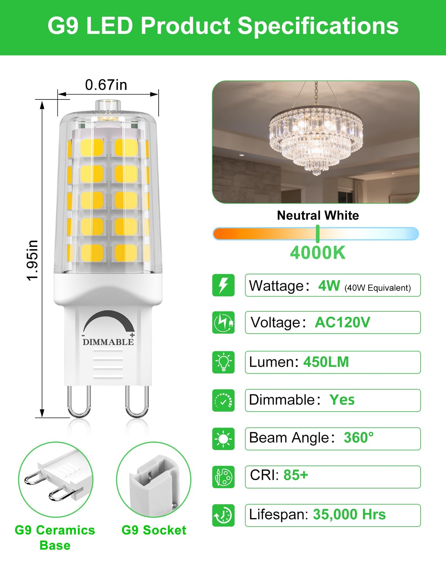 BAOMING G9 LED Bulb Dimmable 4W (40W Equivalent) - 4000K Neutral White, No Flicker, 450LM, Ceramic Base - Great for Office, Reading, Kitchen, Desk Lamp - 5 Pack