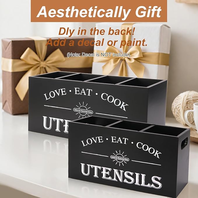 2 Pack Utensil Holder, 6.7"+6.18" Wooden Utensil Holder for Kitchen Countertop, Large Wood Utensil Organizer with Partition for Silverware and Cooking Storage, Farmhouse Kitchen Decor