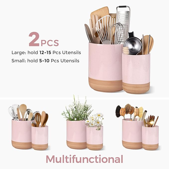 AmorArc Ceramic Utensil Holder, 7.25"+5.4" Cooking Utensil Crock for Countertop, Kitchen Countertop Organizer with Rustic Terracotta Underside for Spatula, Set of 2