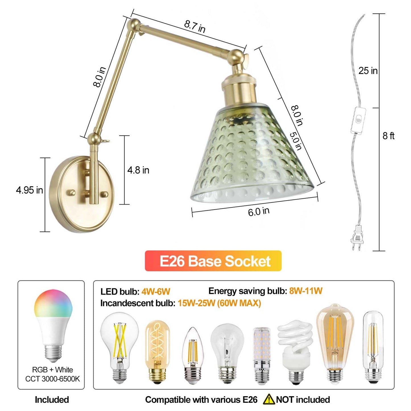 BARSUNS Swing Arm Wall Sconce, Adjustable Brightness, RGBW Bulb with Remote, Gold & Green, Model BS-WL351YG-B