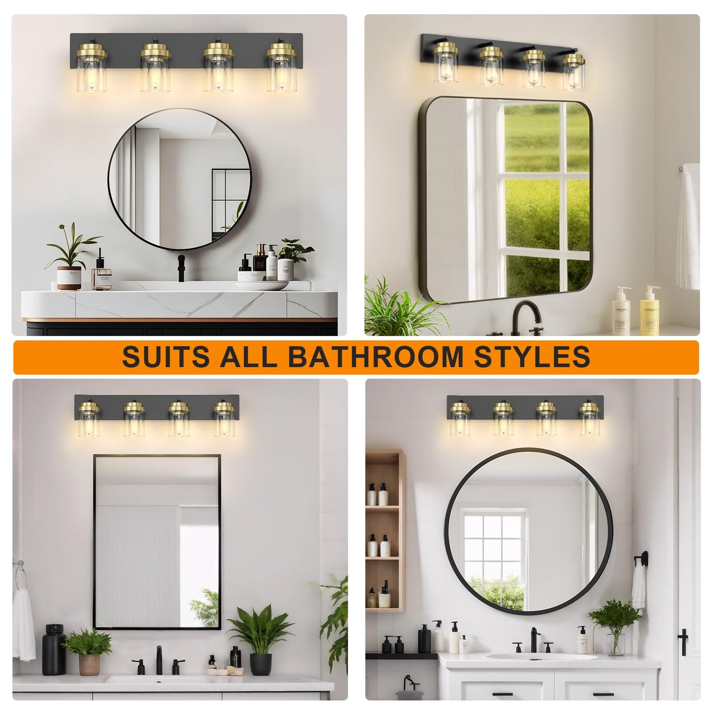 Izorro Bathroom Vanity Light Fixture 4-Light 27.5 Inch Black And Gold Bathroom Light Fixtures Over Mirror With Clear Glass Shade Modern Farmhouse Vanity Lights Rustic Restroom Lighting Fixtures