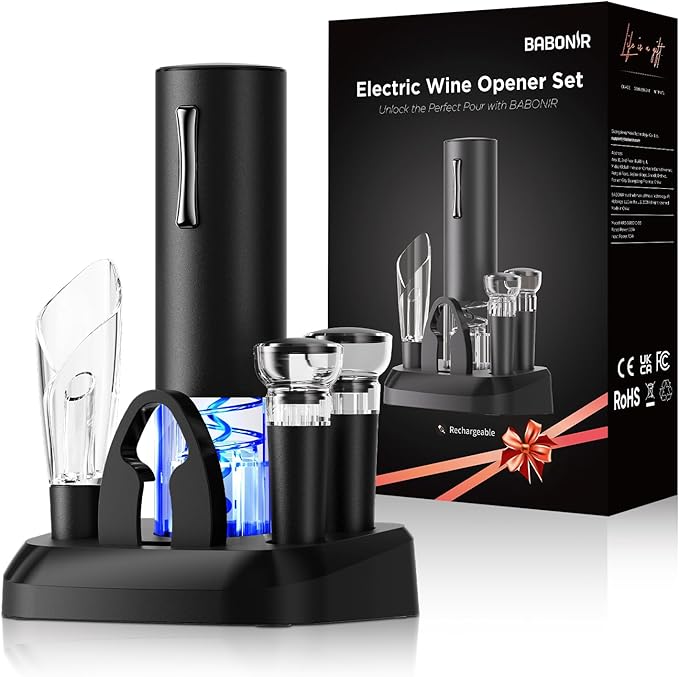 Electric Wine Opener Set, 7-in-1 Wine Gift Set with Charging Base, Foil Cutter, Aerator Pourer, 2 Vacuum Stoppers, Automatic Corkscrew, Wine Saver Kit, Holiday Christmas Gift for Men & Women