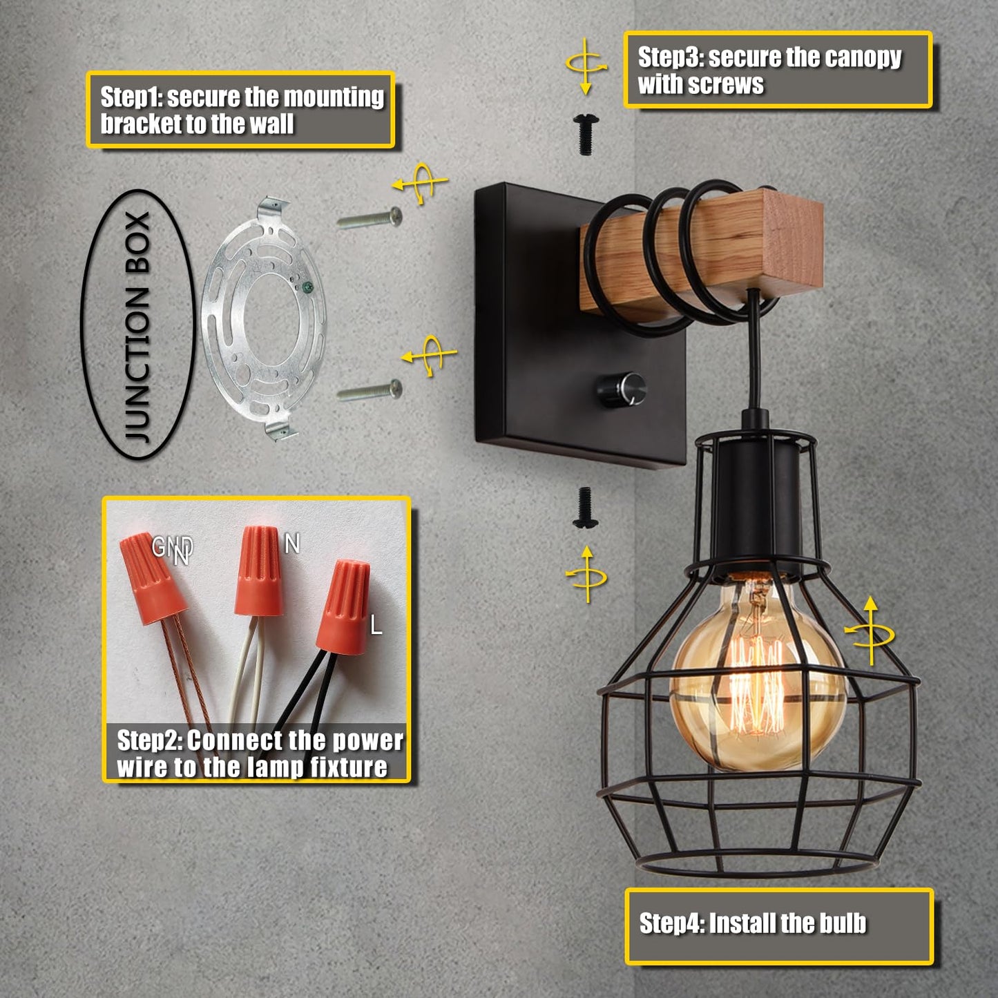 Lightess Industrial Wall Sconces Set of 2, Dimmer Switch, Metal Cage Shade, Black, 2 Pack, Model LG9951177