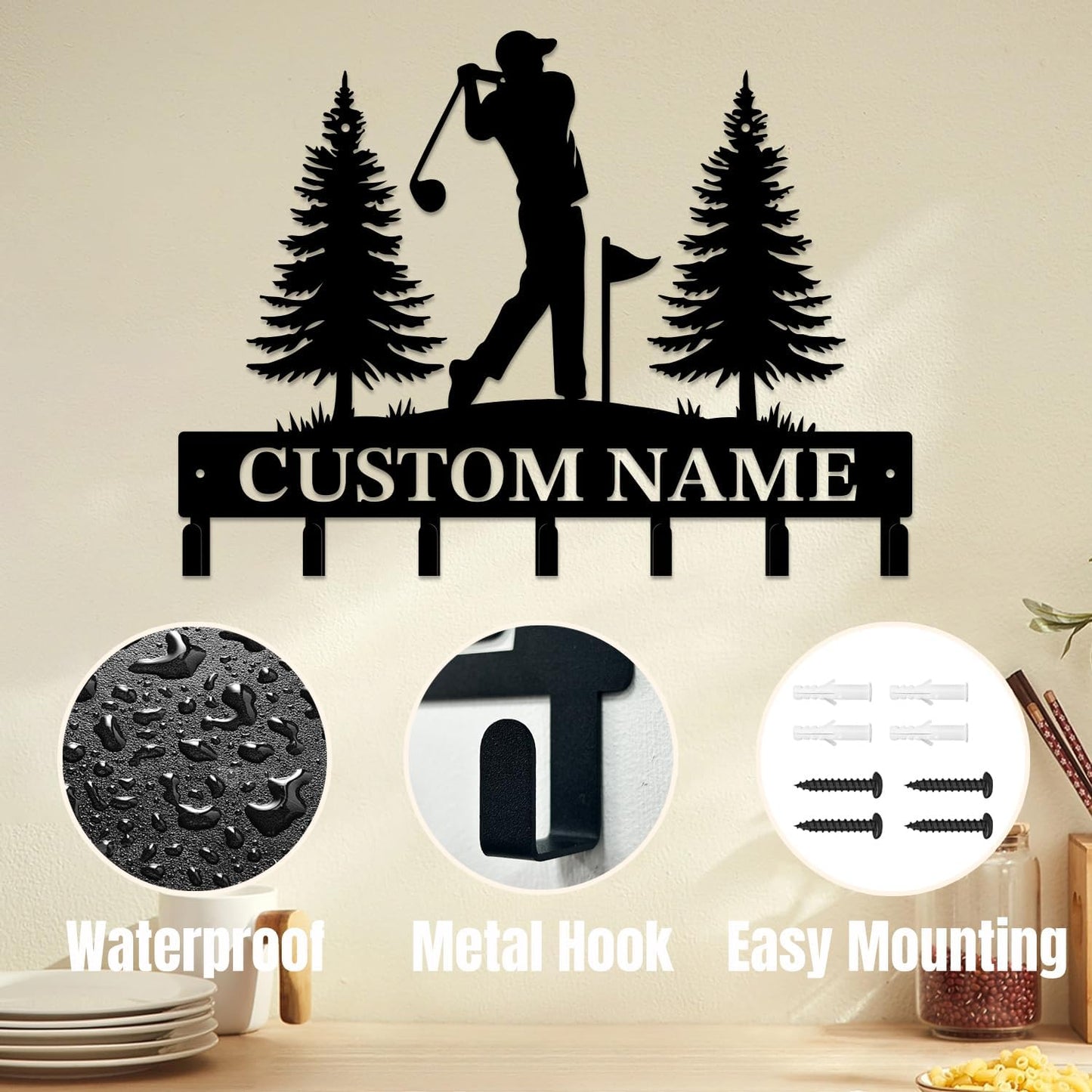 Personalized Custom Name Golf Ball Wall Keys Hooks,Metal Golf Art Clothes Hooks,Metal Golf Lover Wall Home Storage Decorative,For Front Door, Hallway, Kitchen, Bedroom,Keys,Hats (Style A)