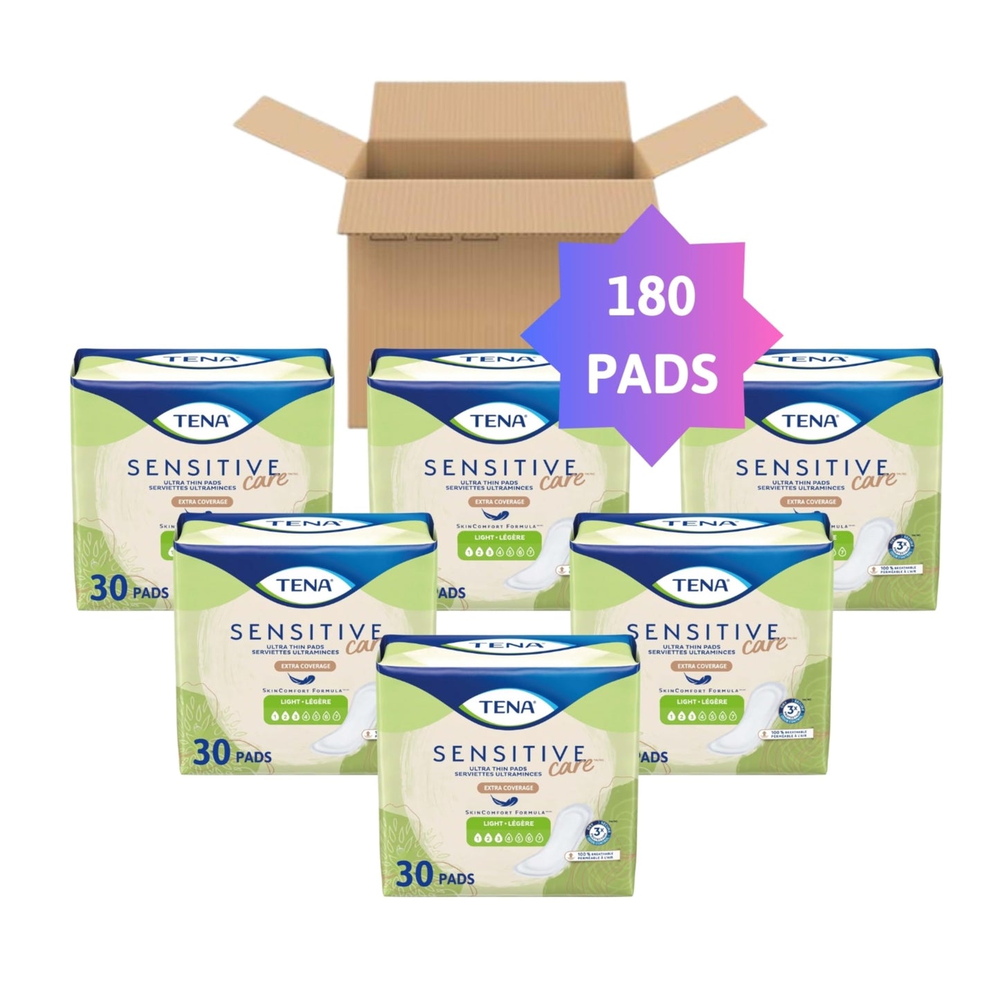 Tena Sensitive Care Female Incontinent Pad Regular Length 9" L 54358, 180 Ct